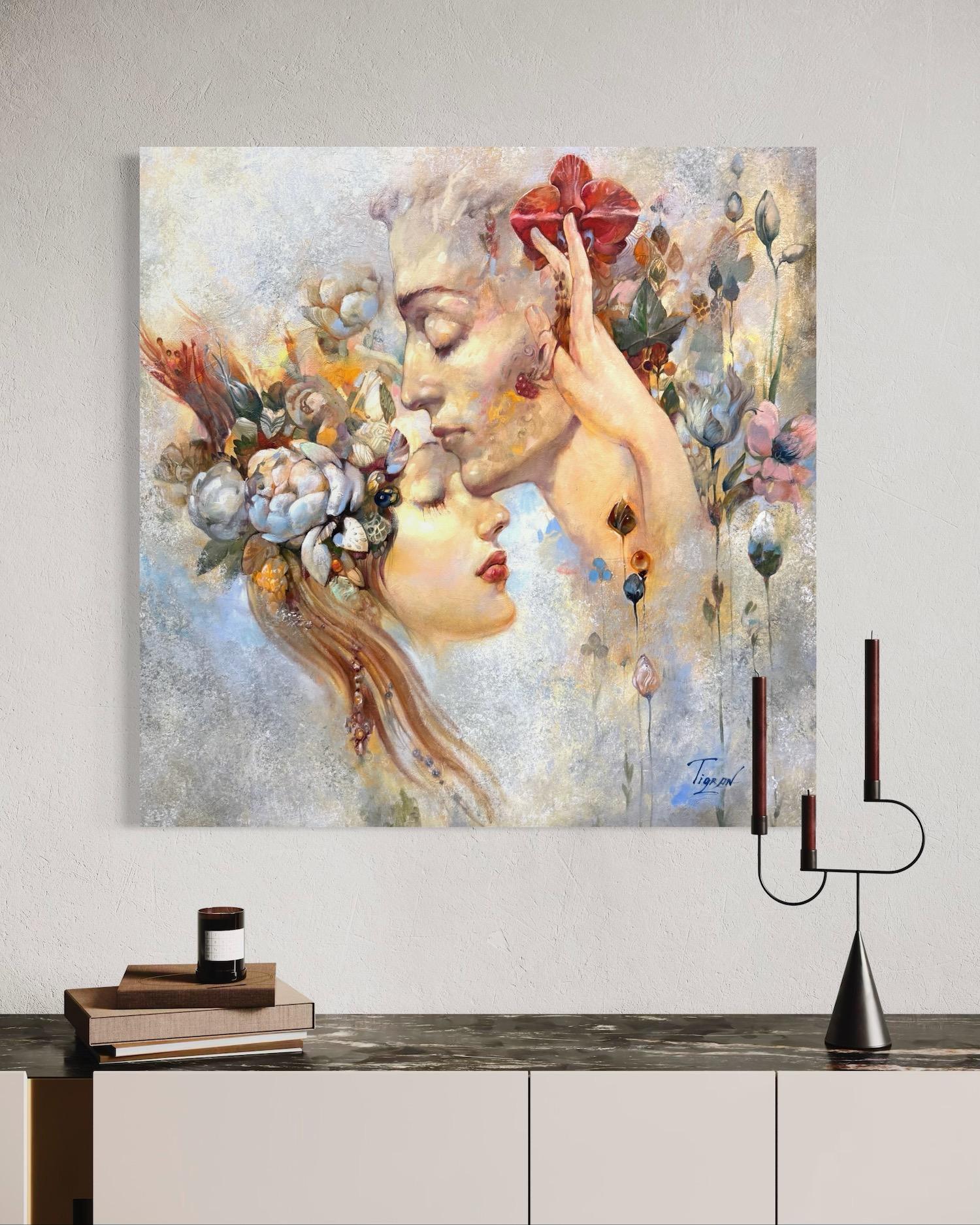 Ritratto di amanti Surrealismo Pittura ad olio originale, pronta da appendere in vendita 1