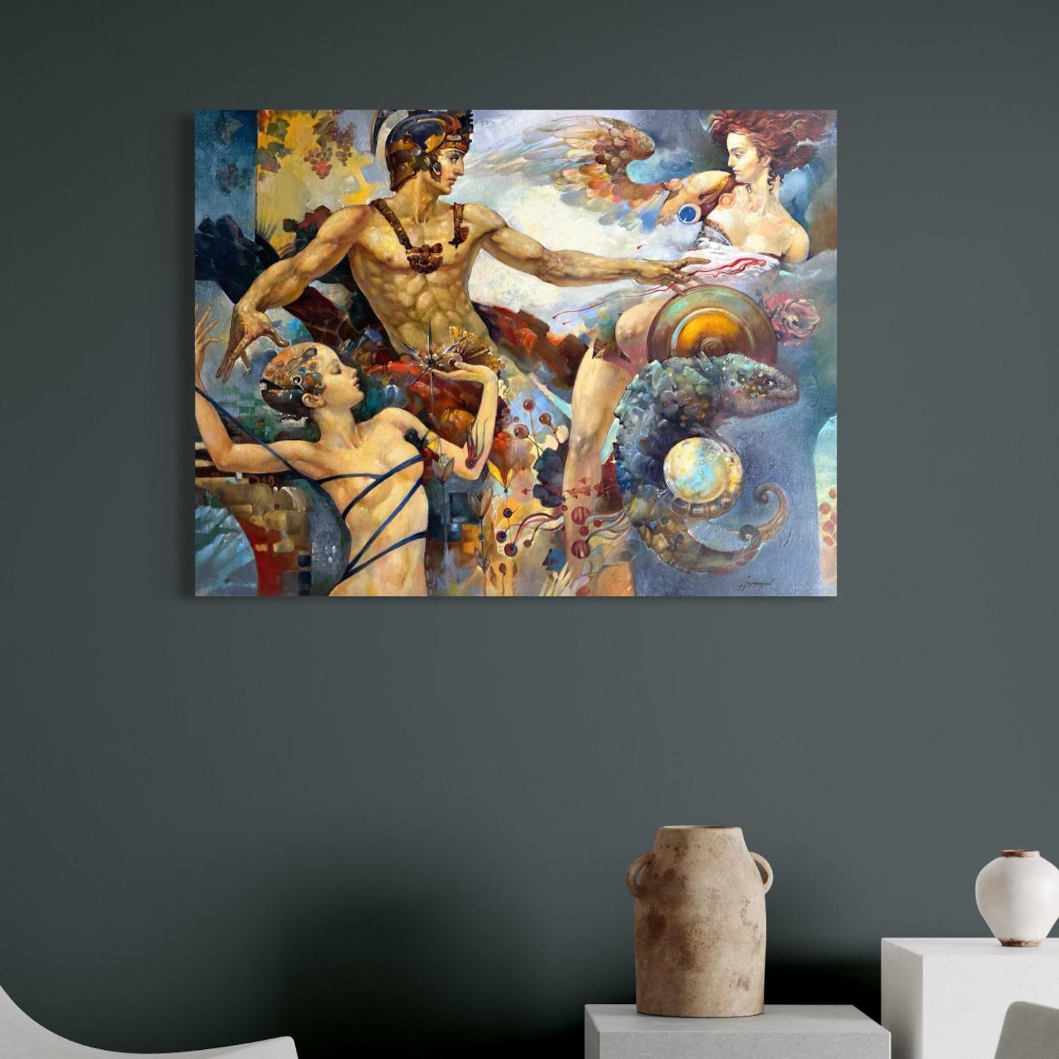 Meeting Figurative Surrealism Original oil Painting, Ready to Hang - Brown Figurative Painting by Tigran Hovumyan