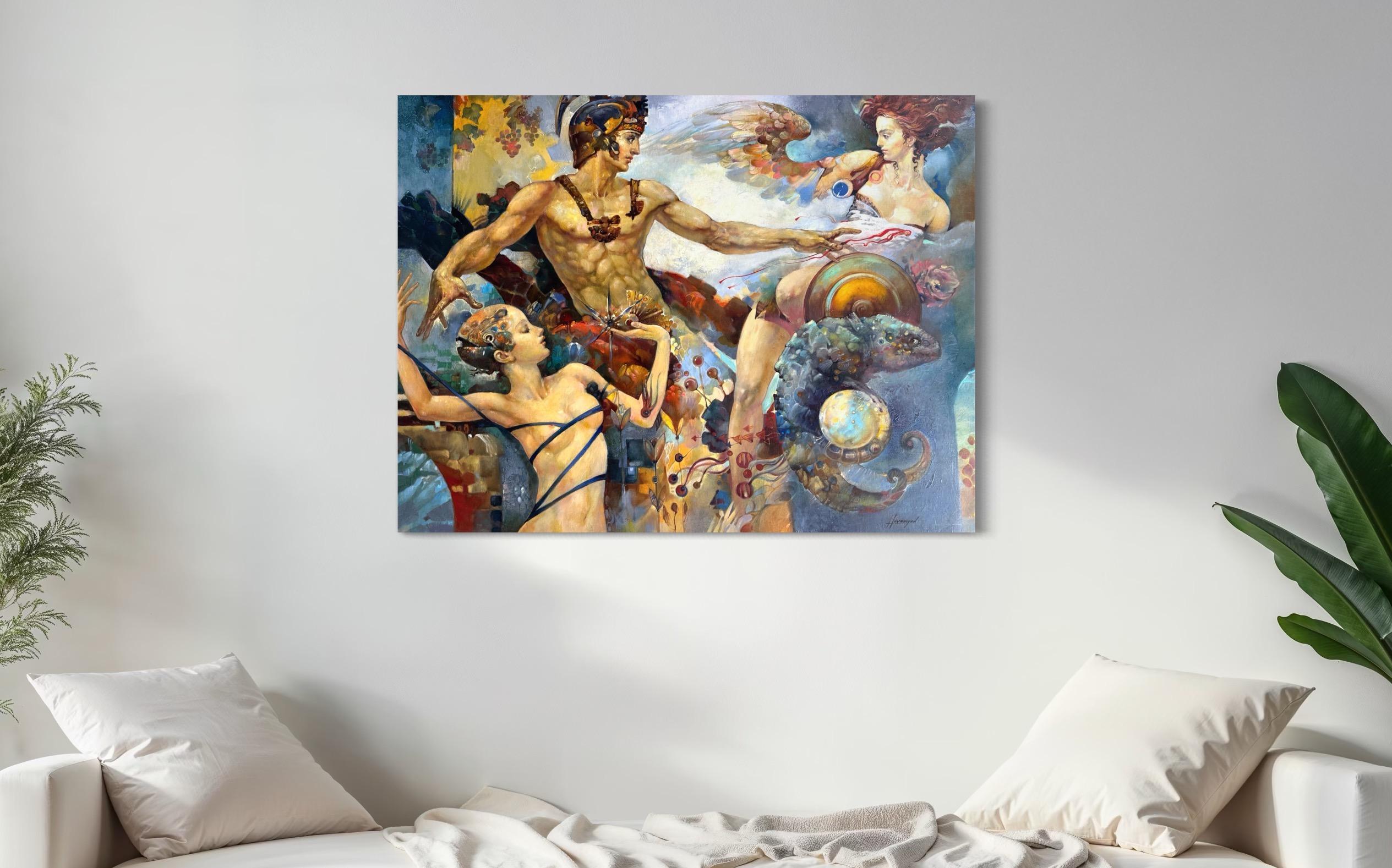 Meeting Figurative Surrealism Original oil Painting, Ready to Hang For Sale 4