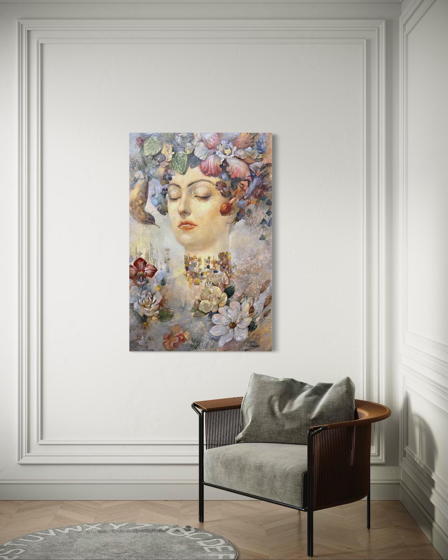 Ritratto Surrealismo Pittura ad olio originale, pronta da appendere - Portrait Painting Marrone di Tigran Hovumyan