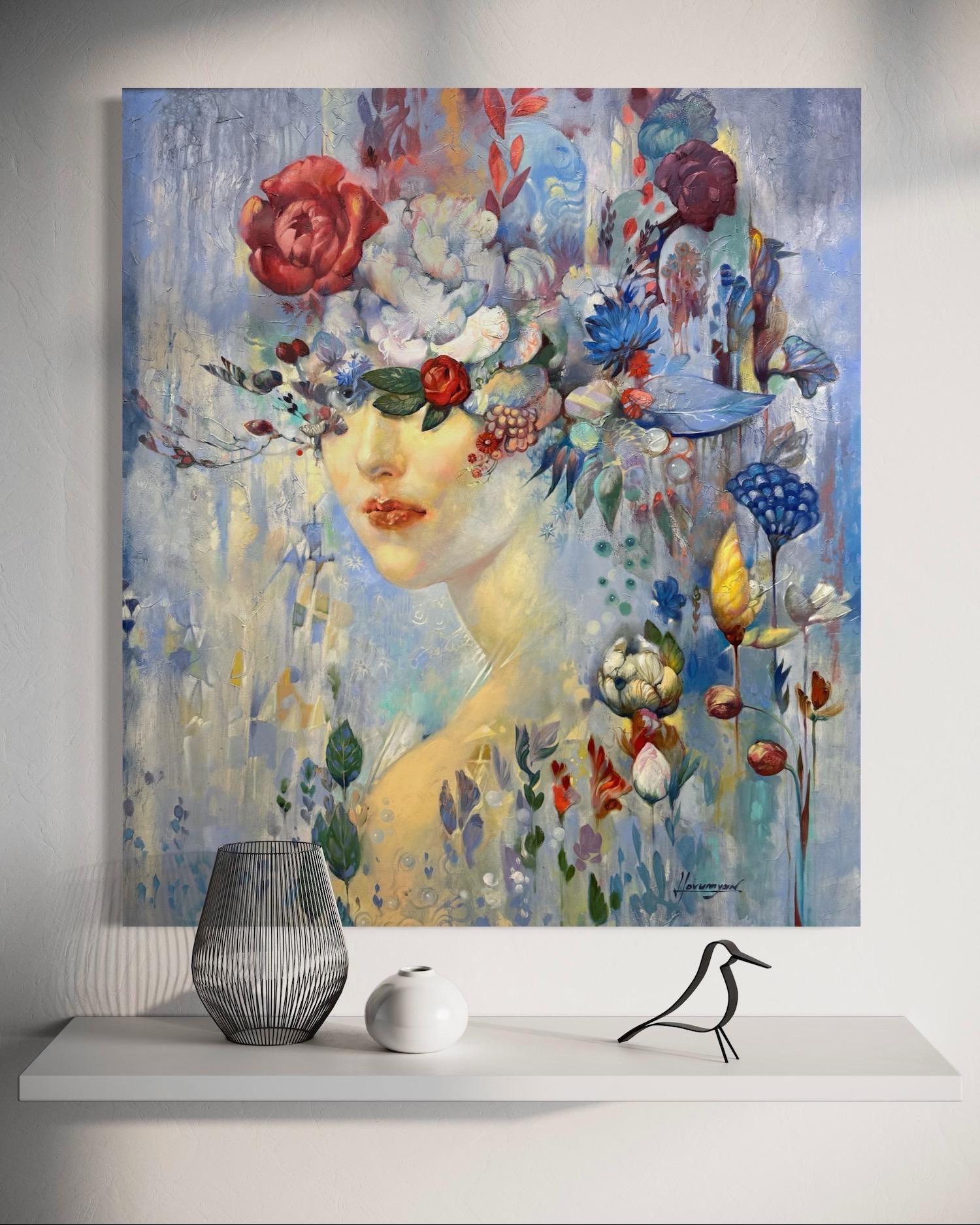 Frühling Portrait Surrealismus Original Ölgemälde, hängefertig (Grau), Figurative Painting, von Tigran Hovumyan