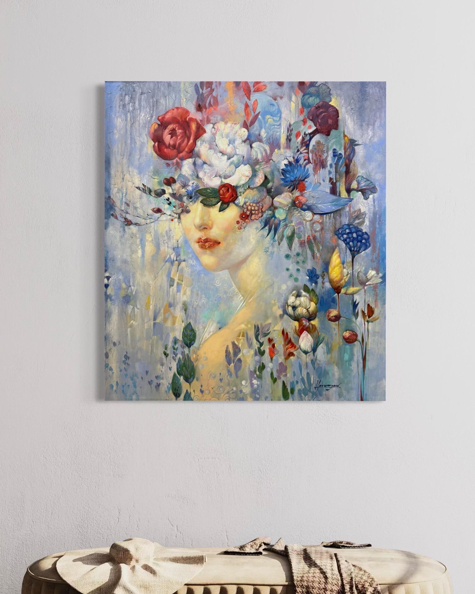 Frühling Portrait Surrealismus Original Ölgemälde, hängefertig im Angebot 2