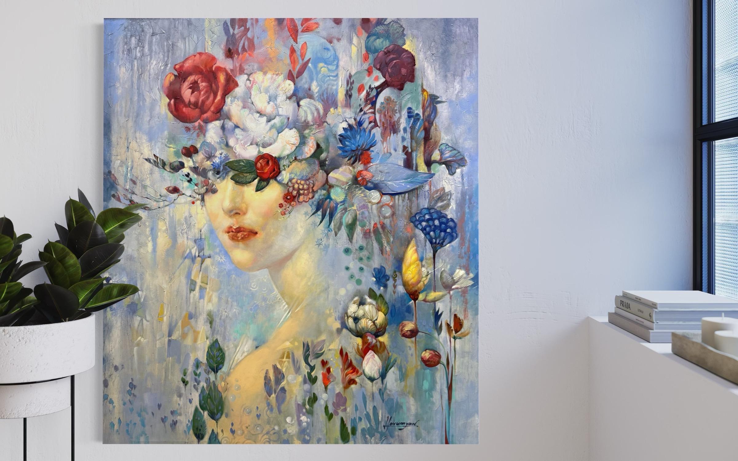 Frühling Portrait Surrealismus Original Ölgemälde, hängefertig im Angebot 3