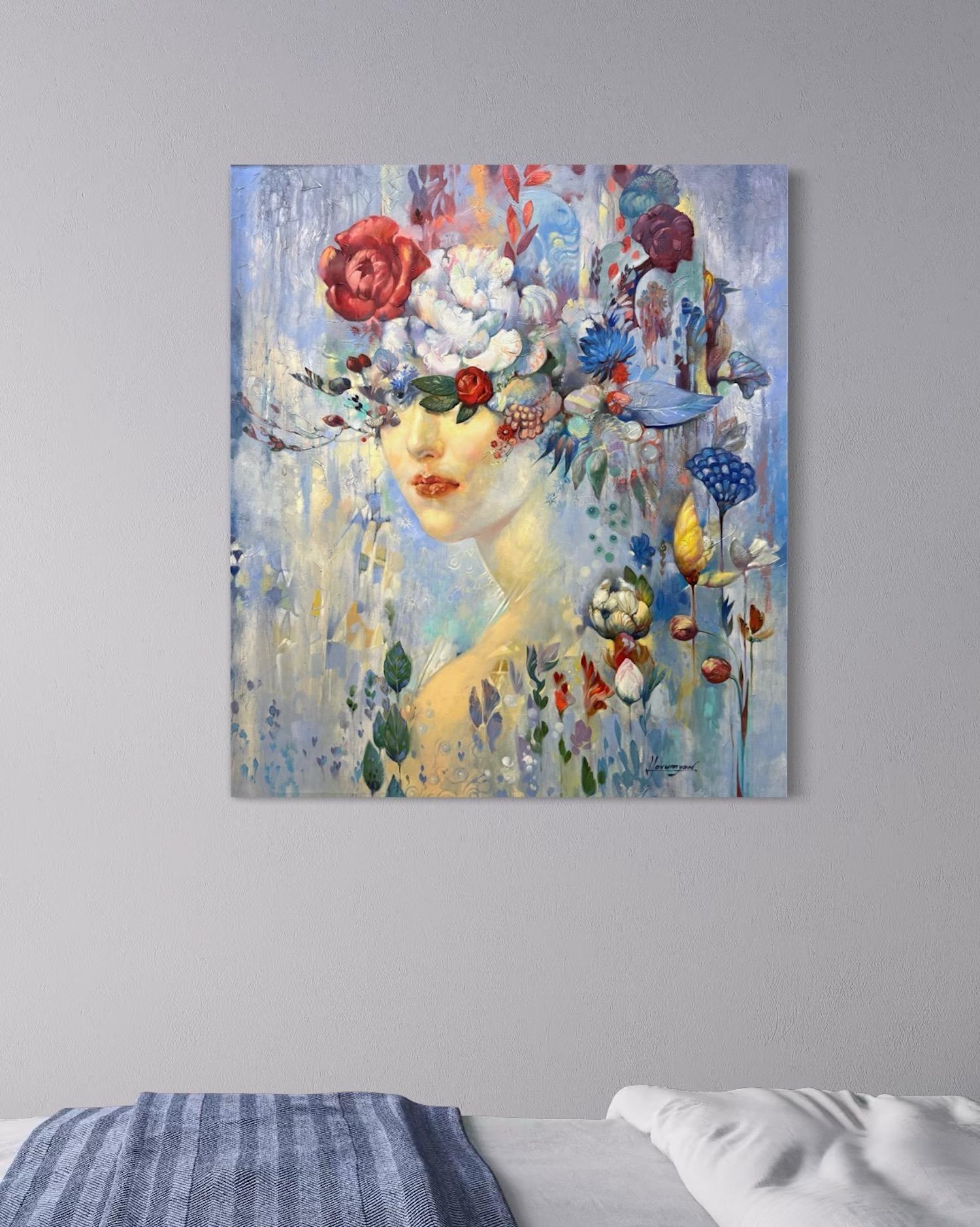 Frühling Portrait Surrealismus Original Ölgemälde, hängefertig im Angebot 4