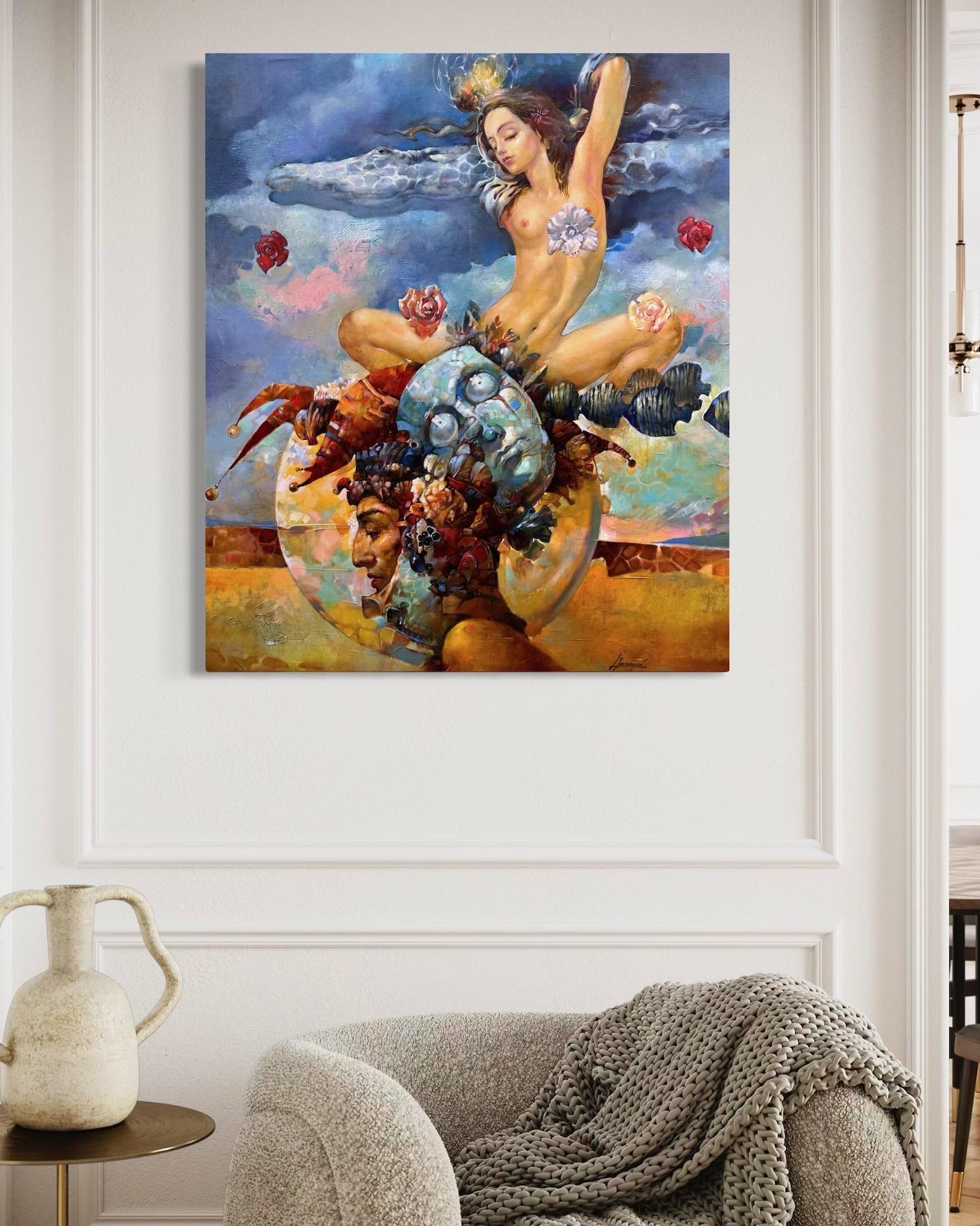 Transparent Dream Figurative Surrealism Original oil Painting, Ready to Hang - Gray Figurative Painting by Tigran Hovumyan