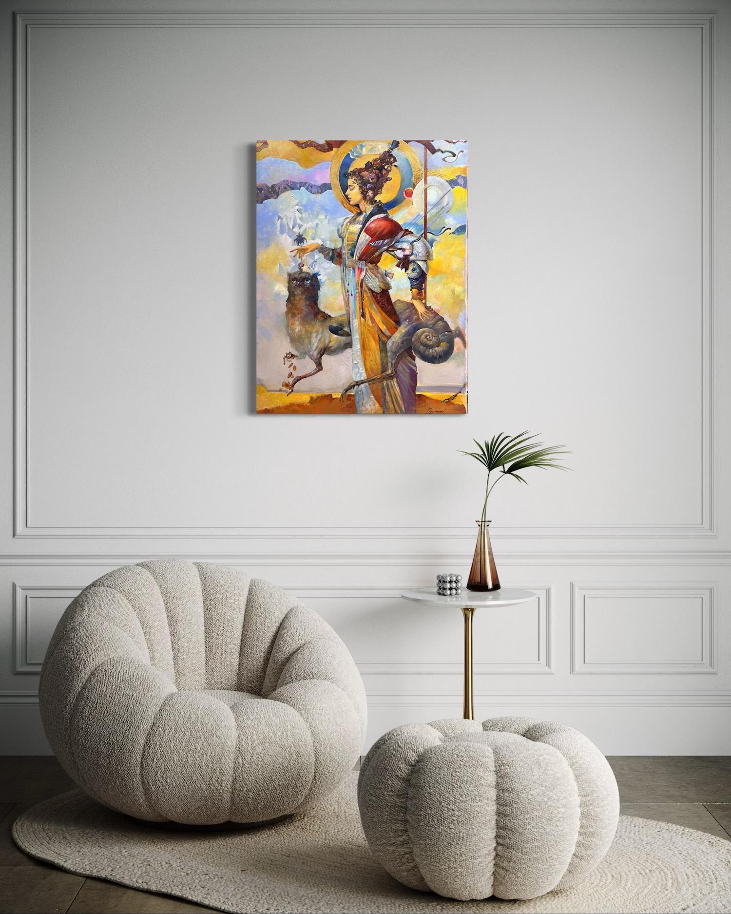 Triumph Figurative Surrealism Original oil Painting, Ready to Hang - Beige Figurative Painting by Tigran Hovumyan