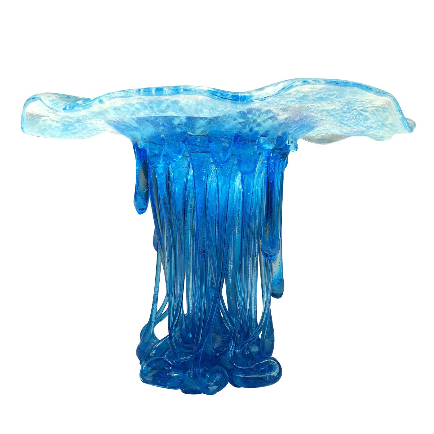 The elegance of the jellyfish is conjured up with this unique Murano glass sculpture in dark and light blues. The flowing, open top of the sculpture and the dripping, coiled section underneath is reminiscent of a flowing jellyfish and its tentacles.