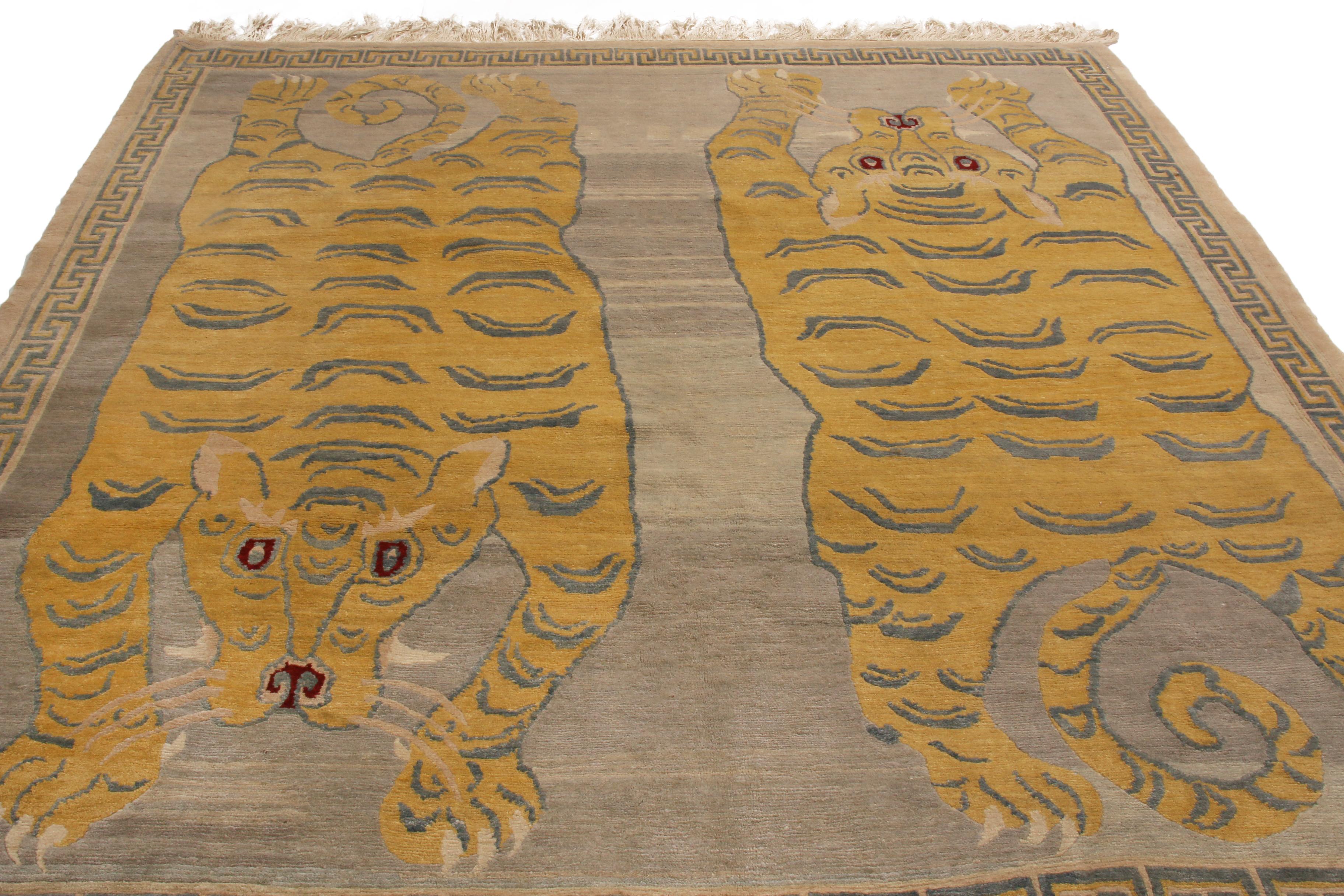 Originating from Nepal, this wool Tigris rug is hand knotted in high quality wool depicting a transitional interpretation of a Classic Tibetan design. Featuring mirrored, coarsely braided fringes and durable guard border, the finely woven Chinese