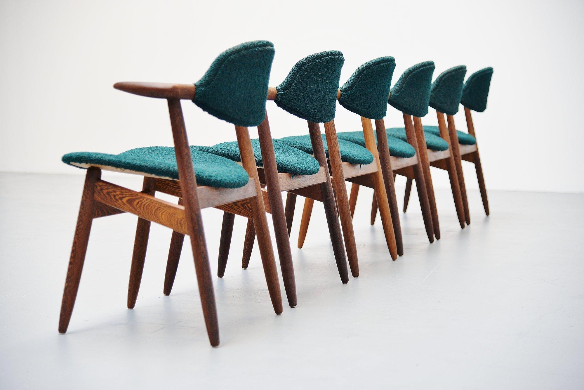 This is for a set of one of our favorite Dutch modern chairs, designed by Tijsseling from the Propos series, manufactured by Hulmefa, Holland 1960. Made of solid wenge wood, and original fluffy deep green original bouclé upholstery that is now