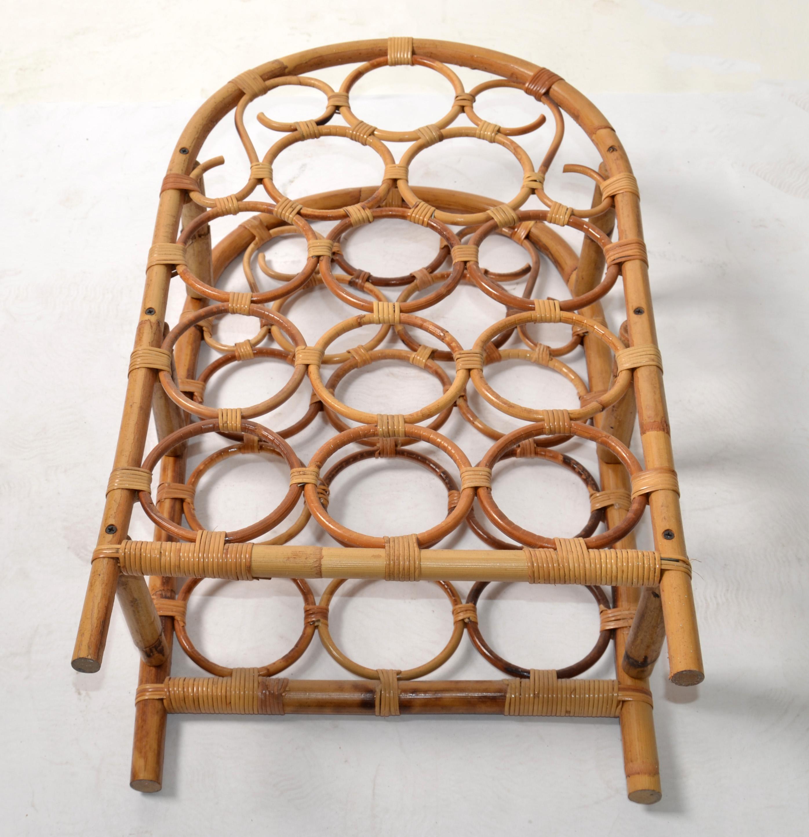 Late 20th Century Tiki Bar Arched Twelve Bottle Wine Rack Wine Storage Basket Cane Wicker Bamboo For Sale