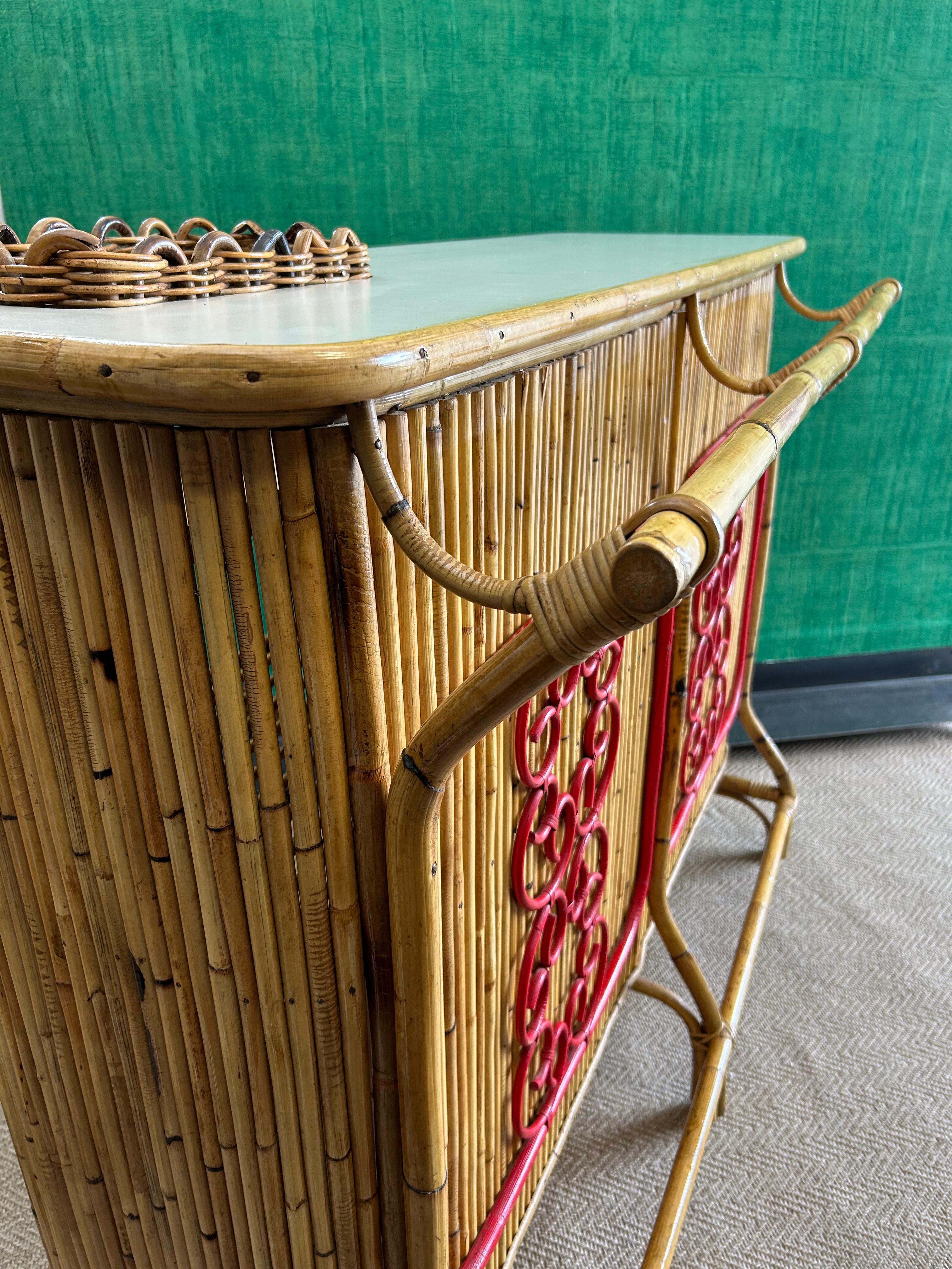 Mid-Century Modern Tiki Bar in Bamboo and Rattan attributed to Tito Agnoli, Italy, 1950s, Dry Bar For Sale