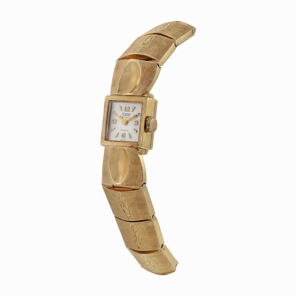 Retro Tilbury 14K Yellow Gold Bracelet Watch For Sale