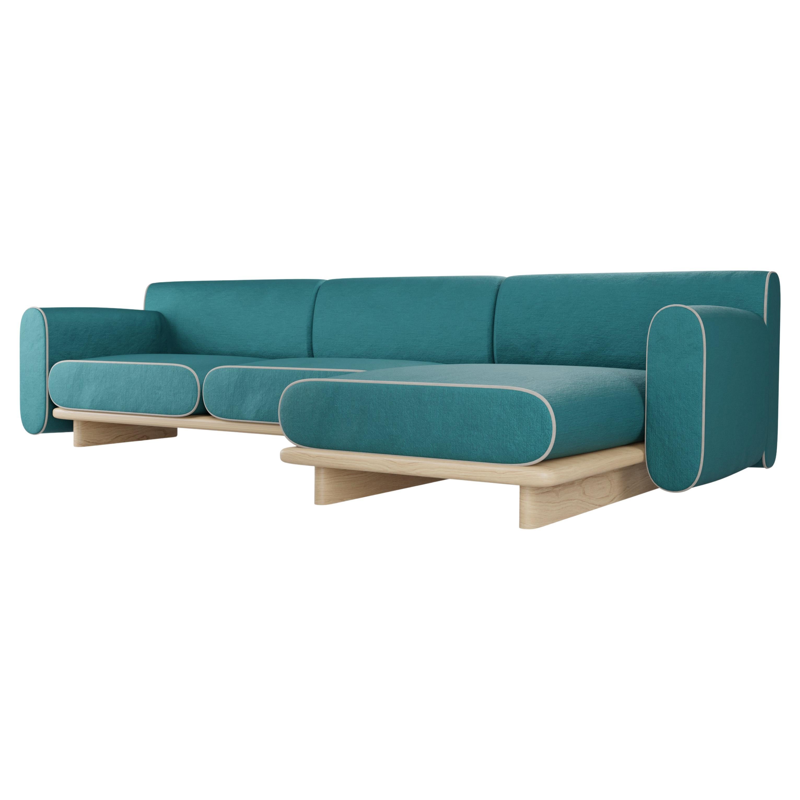 Canapé deux places avec chaise longue en velours paon fabriqué à la main par Murmurio