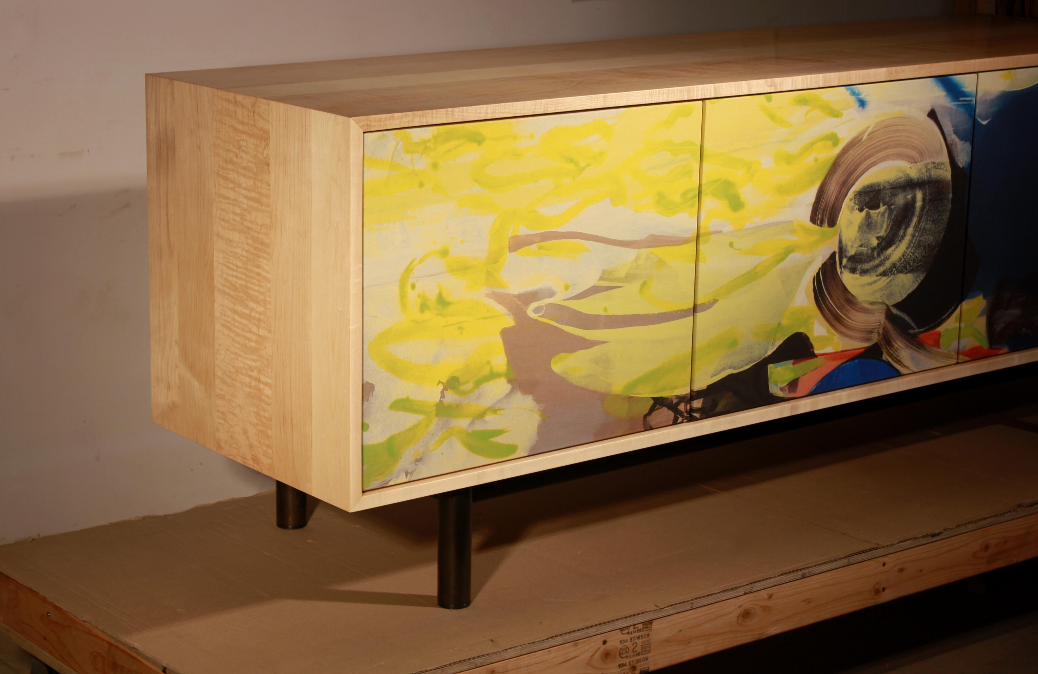 Brass Tilde Credenza wood cabinet with painted doors by Jackie Kazarian & Laylo Studio For Sale