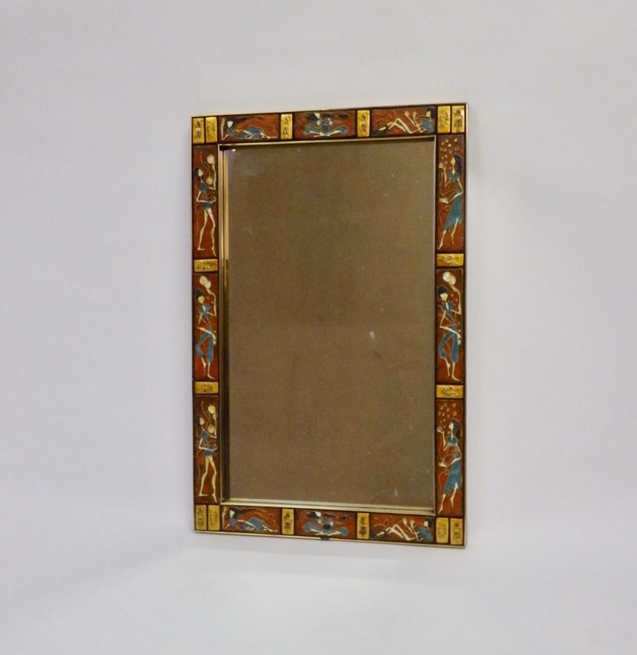 Interesting Labarge mirror. Framed with ceramic tile depicting a woman playing.