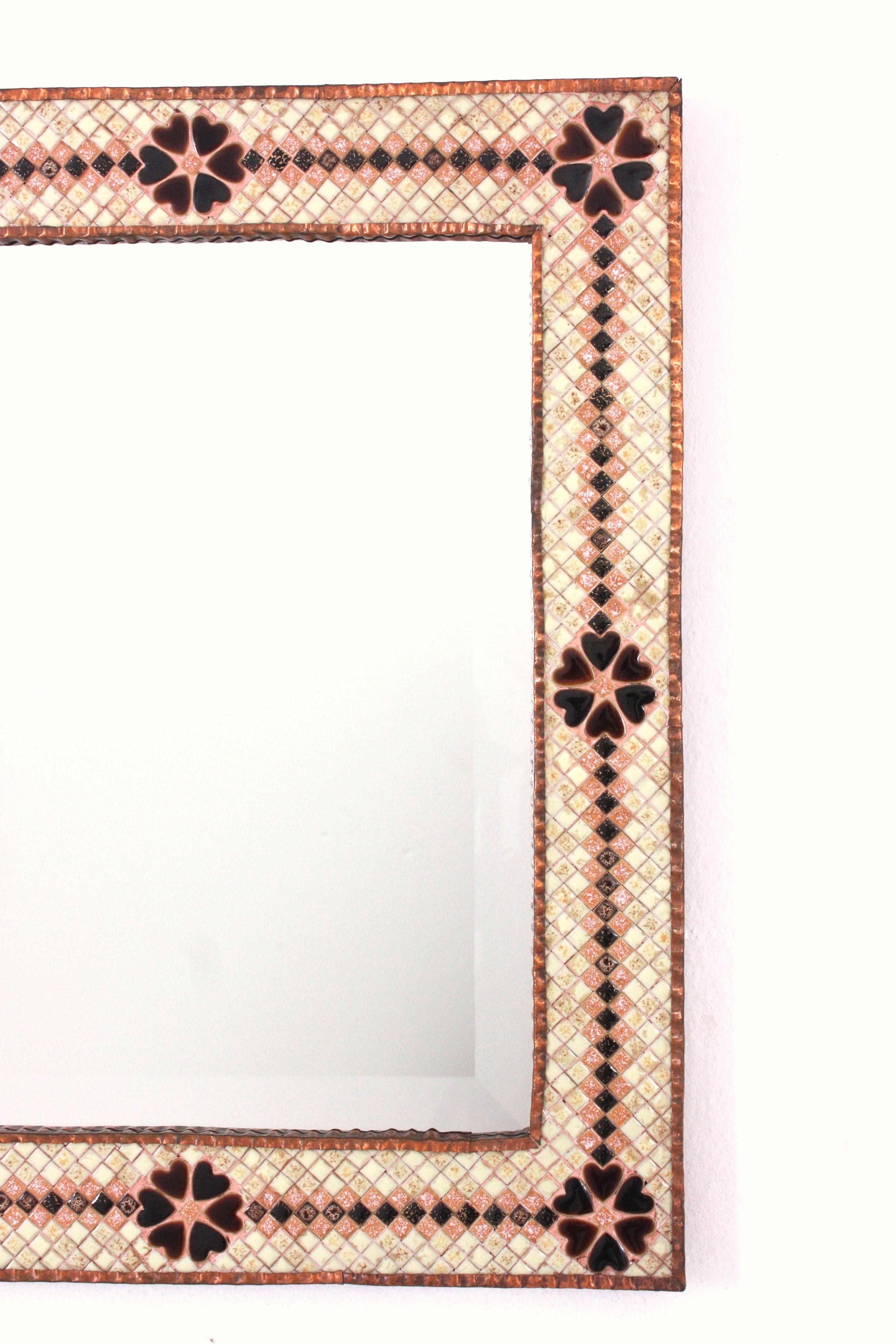 Spanische Fliesen Mosaik Rechteckiger Spiegel aus glasierter Keramik, 1950er Jahre im Angebot 6