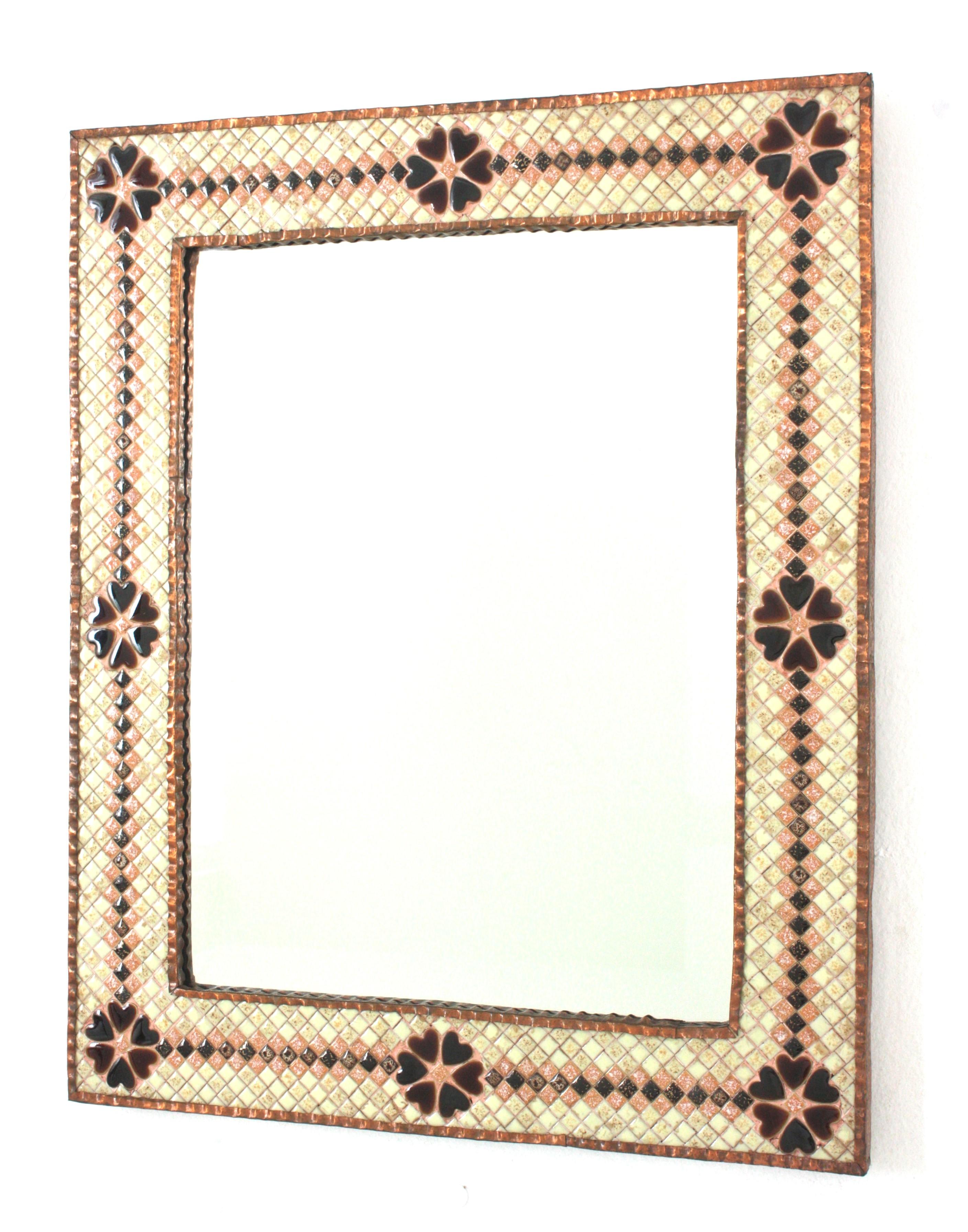 Spanish Tile Mosaic Rectangular Mirror in Glazed Ceramic, 1950s For Sale 3