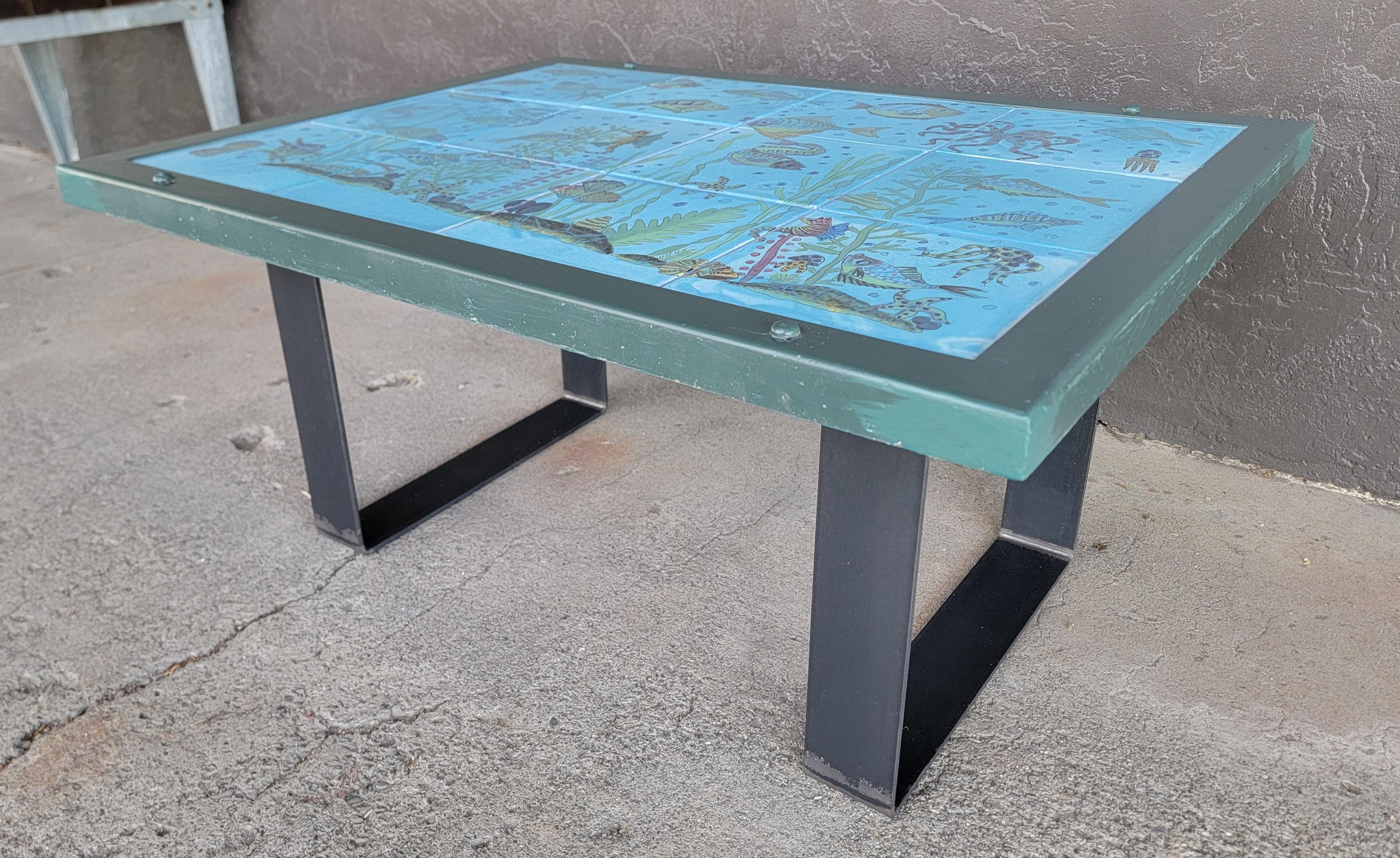 Mid-Century Modern Tile Top Coffee Table Undersea or Fish Tank Nautical Theme For Sale
