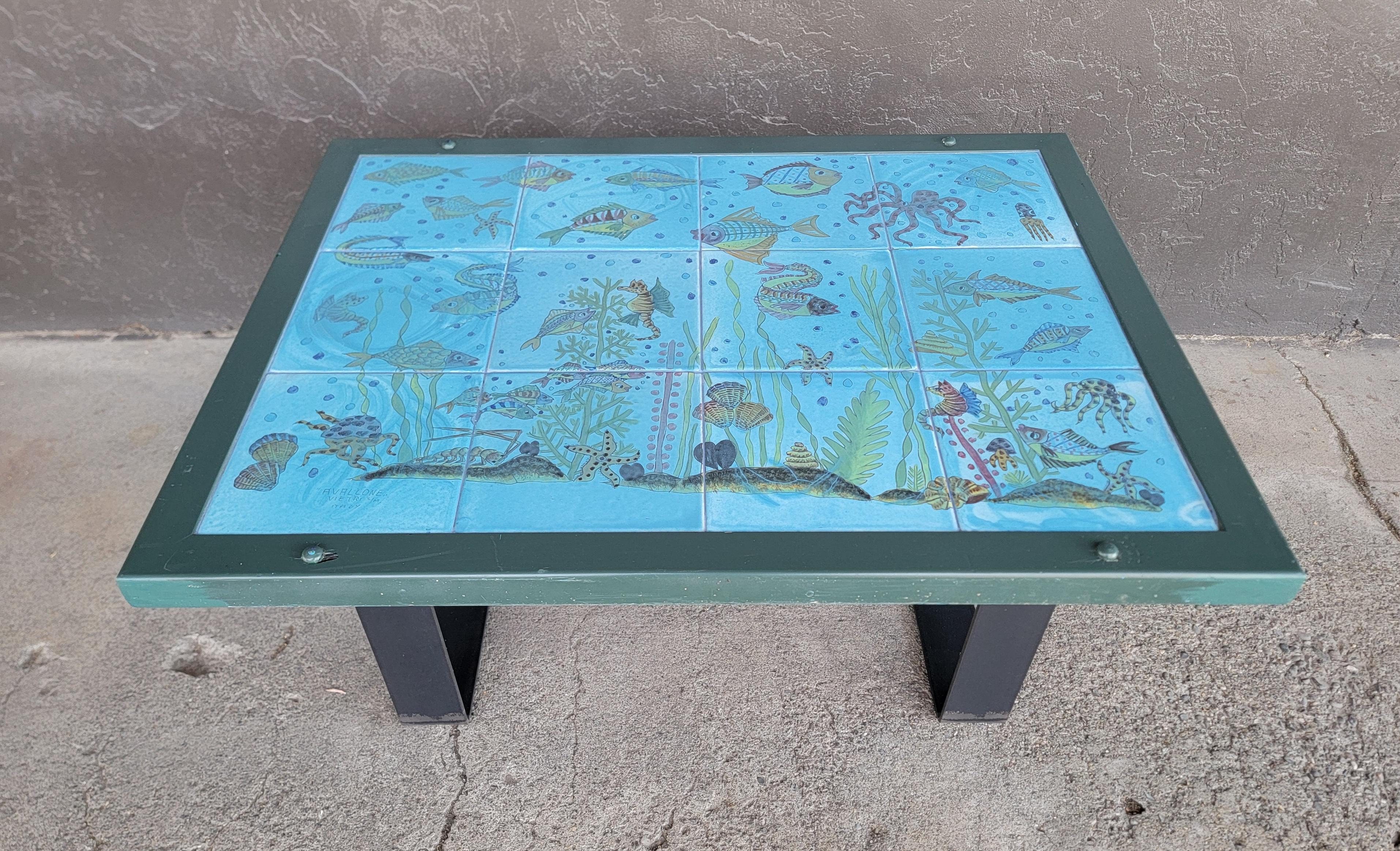 Hand-Painted Tile Top Coffee Table Undersea or Fish Tank Nautical Theme For Sale