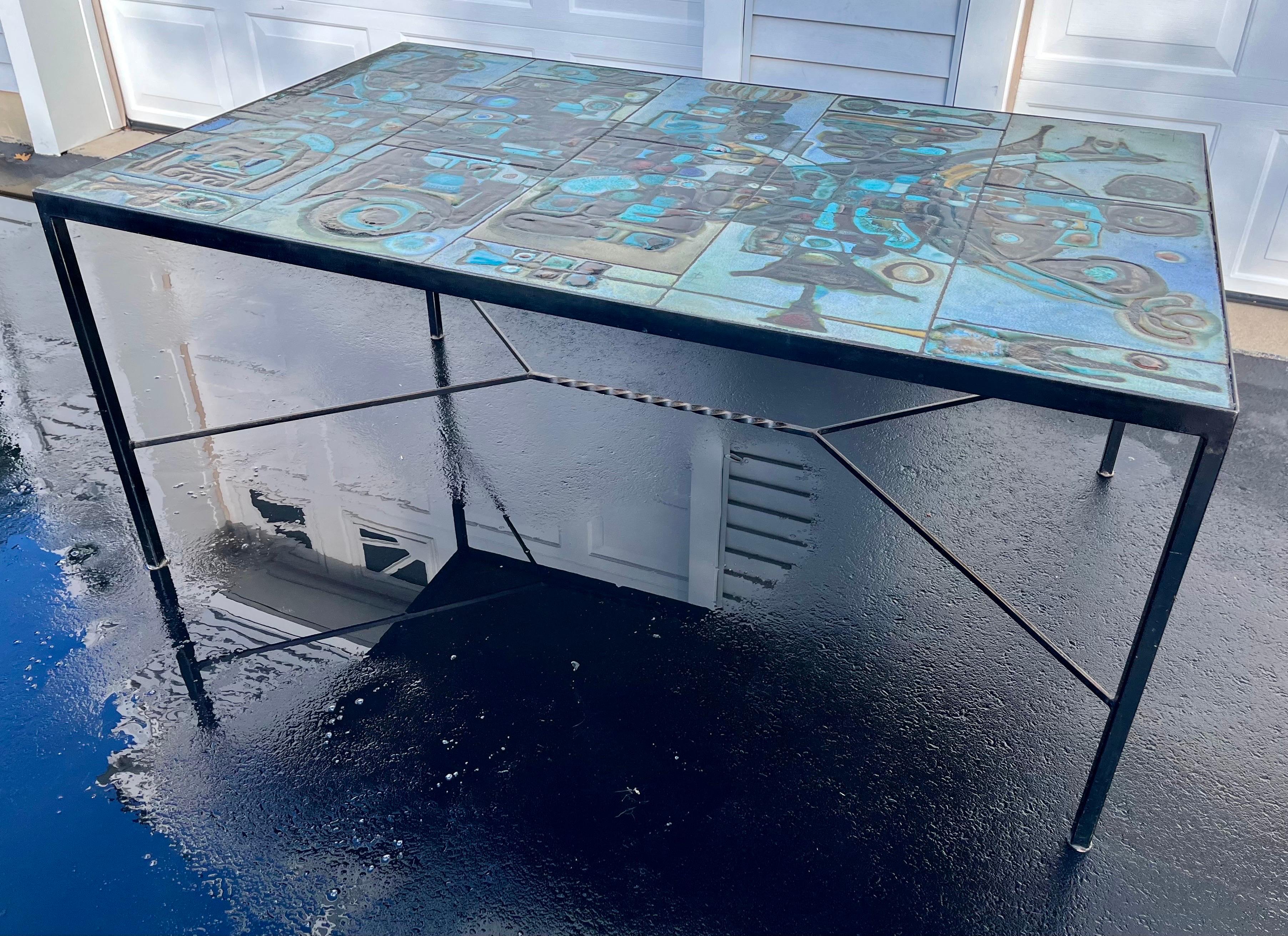 Mid-Century Modern Unique Tile Top Dining Table w/ Stunning Tiles and Metal Frame, Signed, c. 1970 For Sale