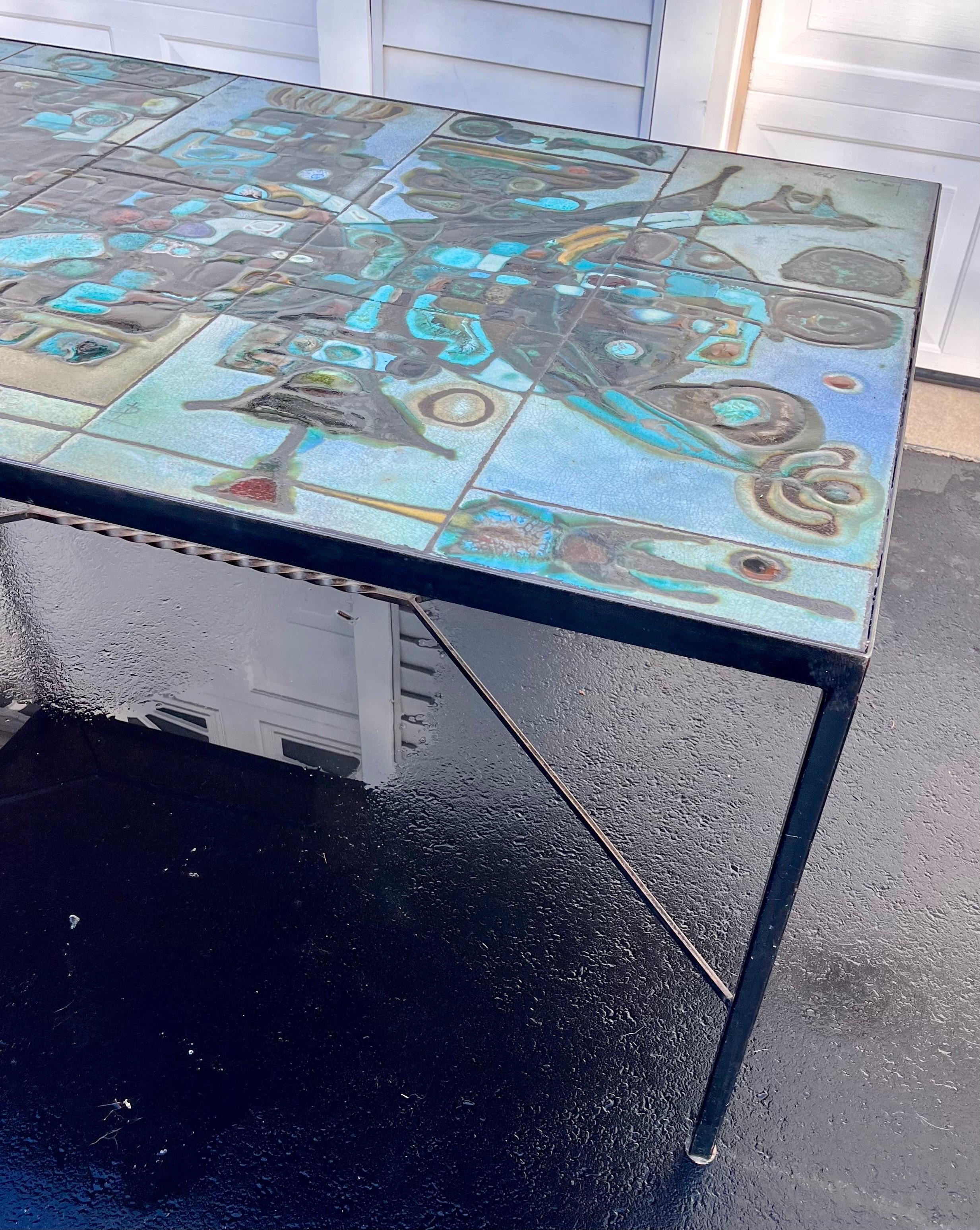 American Unique Tile Top Dining Table w/ Stunning Tiles and Metal Frame, Signed, c. 1970 For Sale