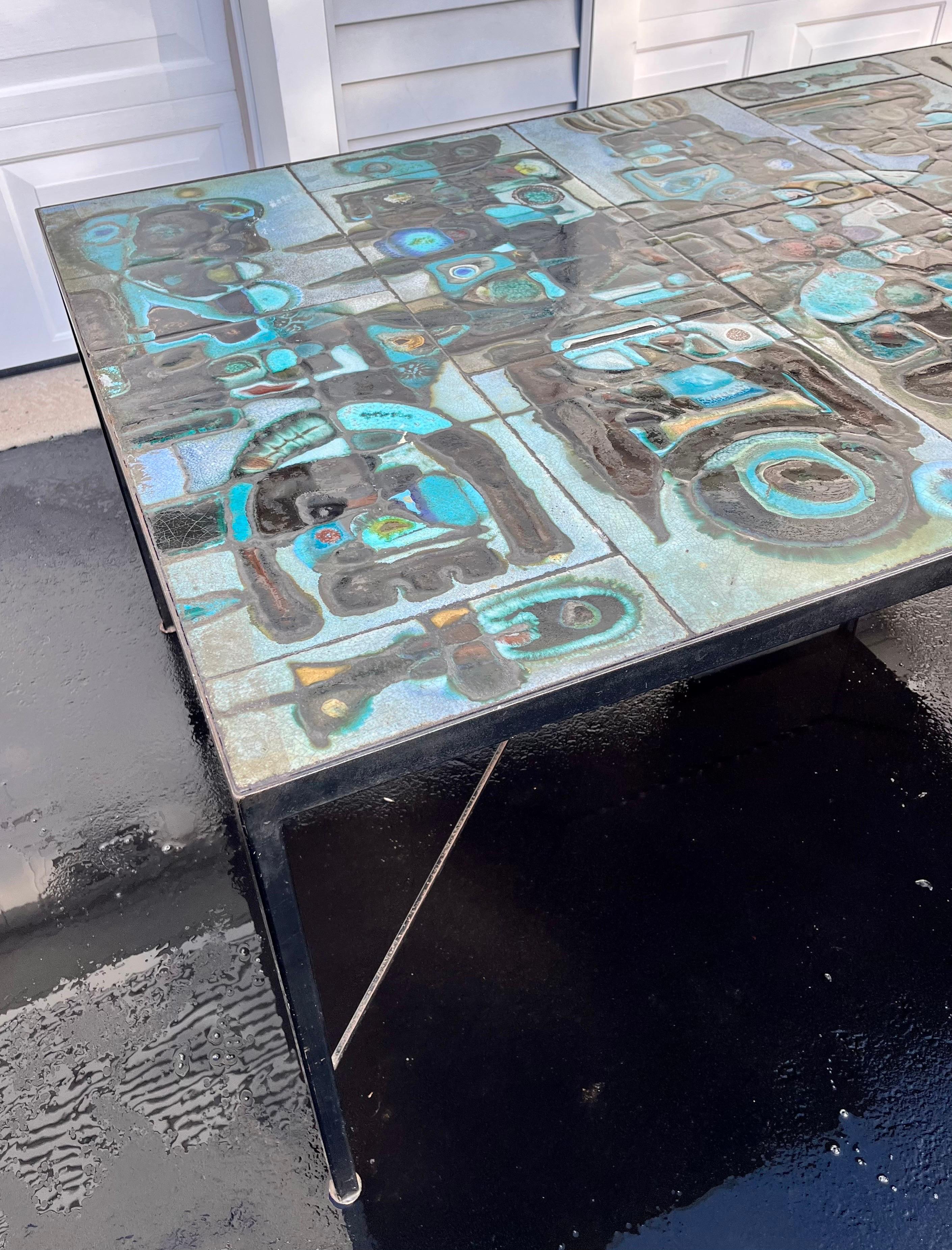 Unique Tile Top Dining Table w/ Stunning Tiles and Metal Frame, Signed, c. 1970 In Good Condition For Sale In Philadelphia, PA