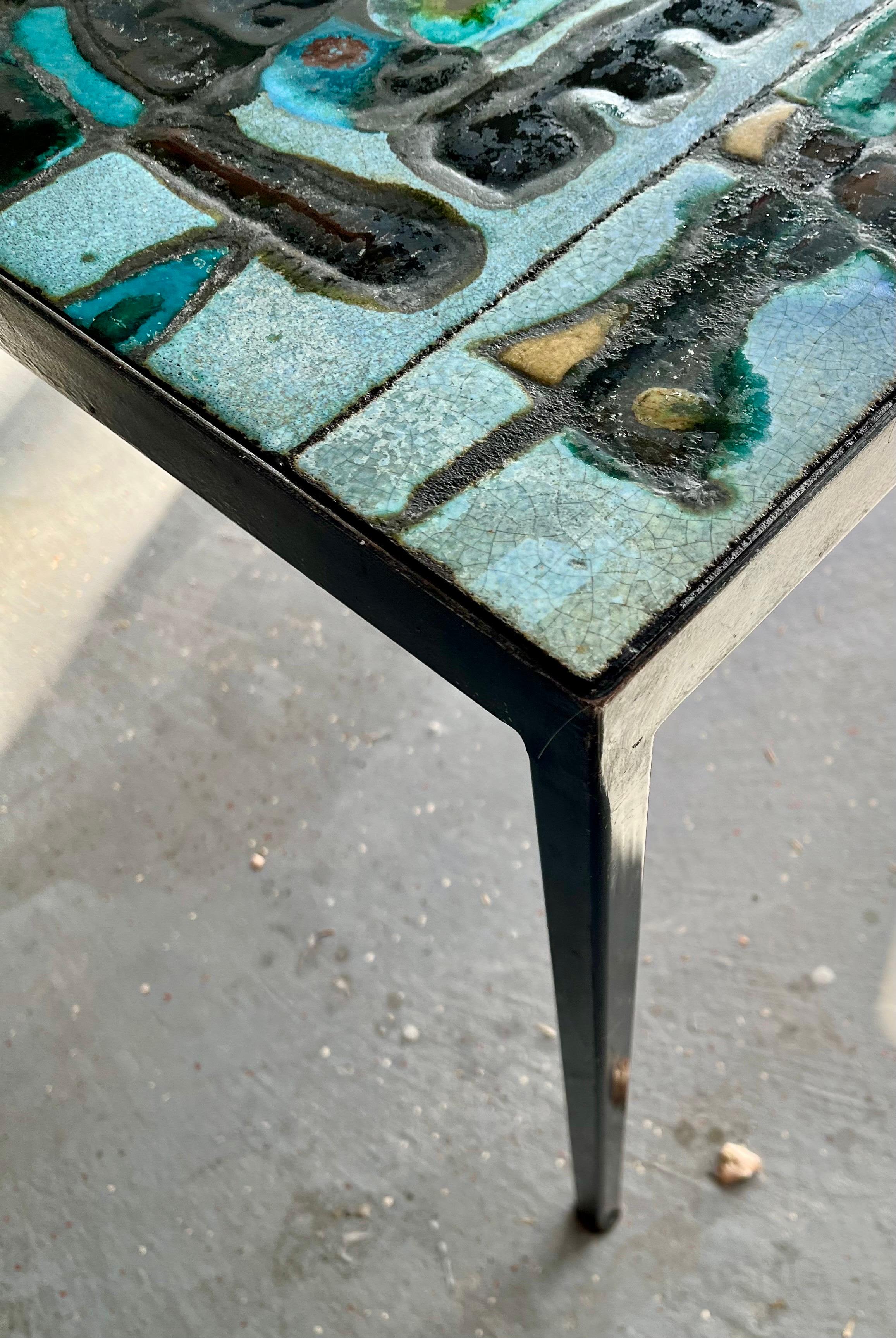 Late 20th Century Unique Tile Top Dining Table w/ Stunning Tiles and Metal Frame, Signed, c. 1970 For Sale