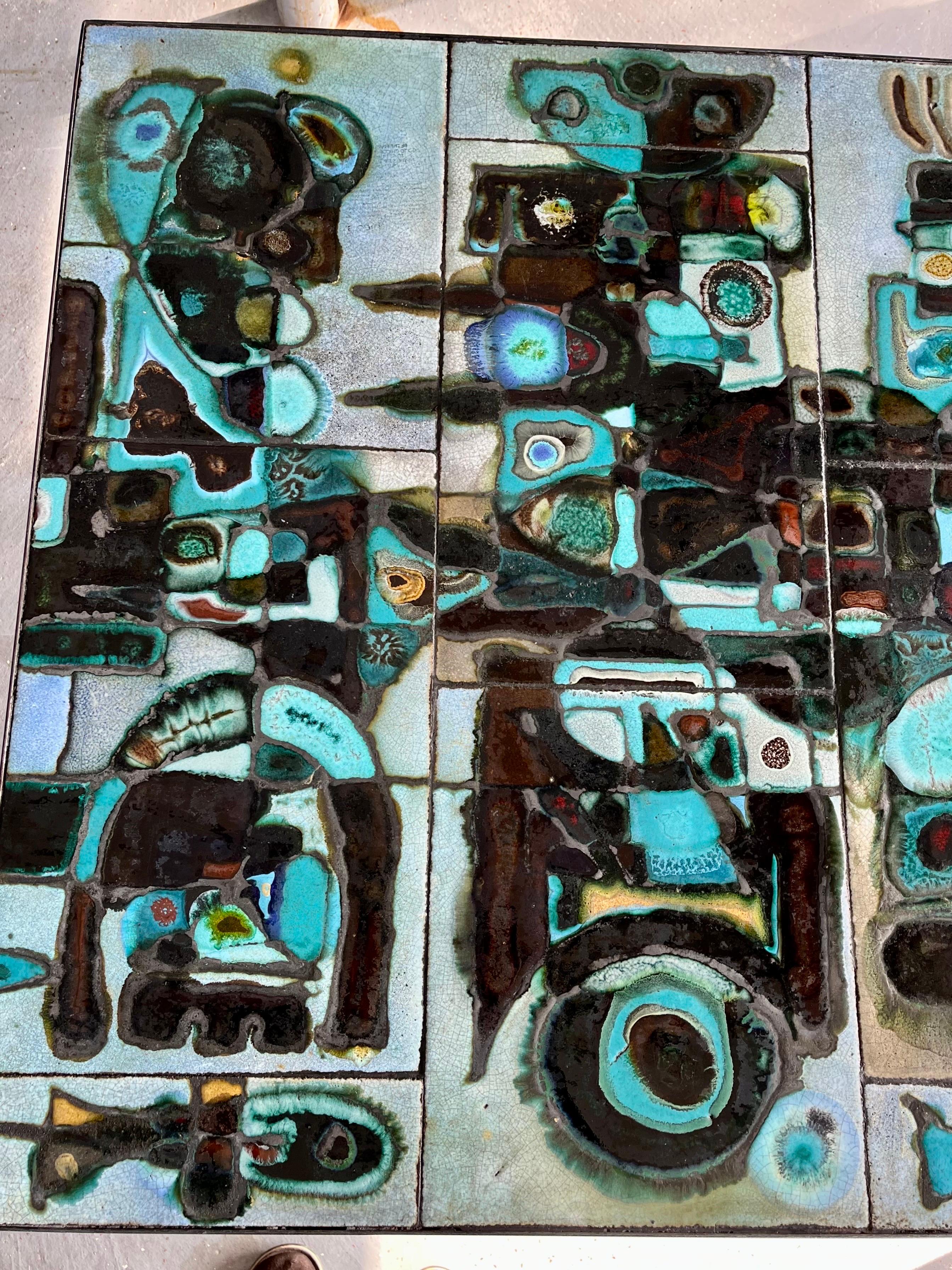 Unique Tile Top Dining Table w/ Stunning Tiles and Metal Frame, Signed, c. 1970 For Sale 2