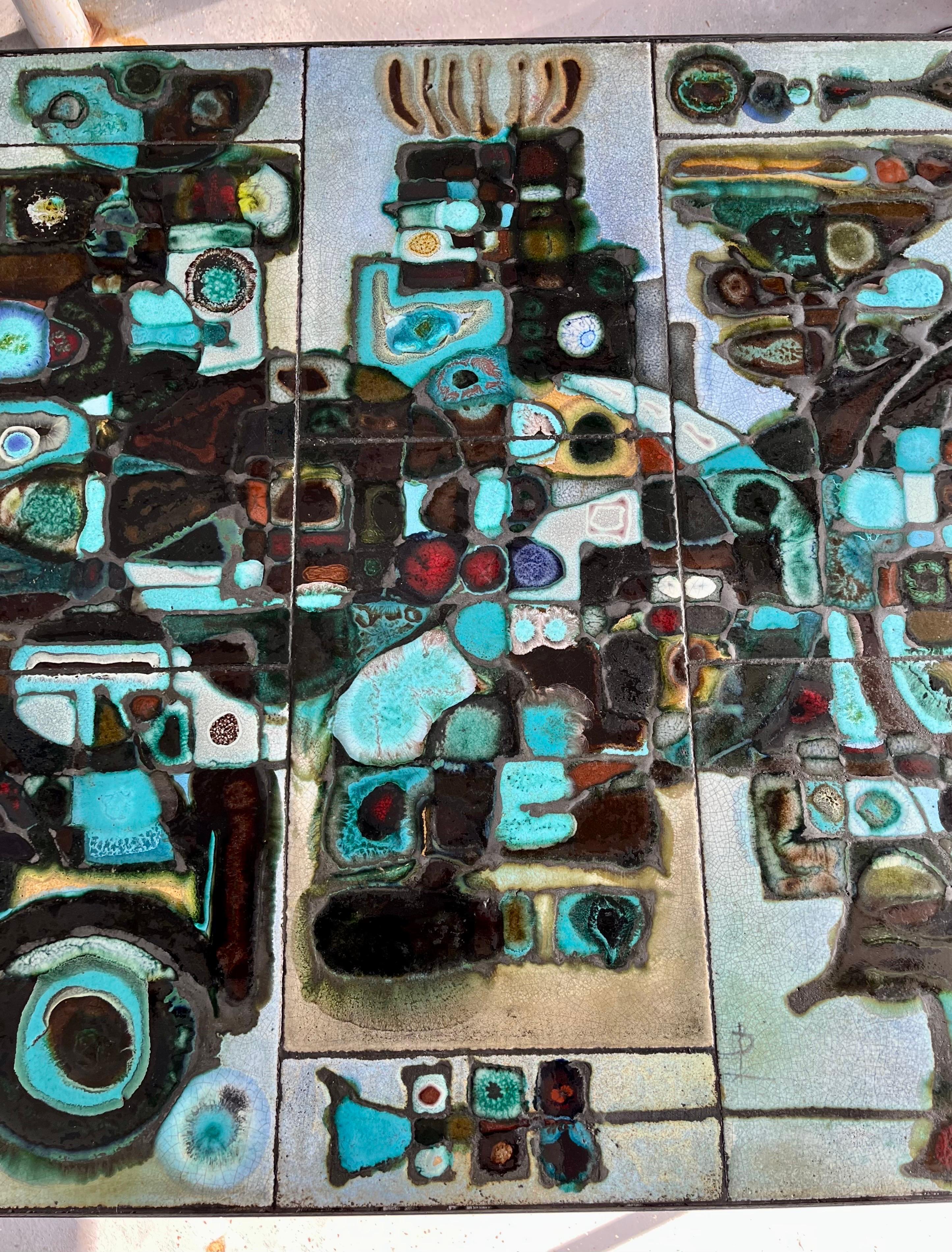 Unique Tile Top Dining Table w/ Stunning Tiles and Metal Frame, Signed, c. 1970 For Sale 3