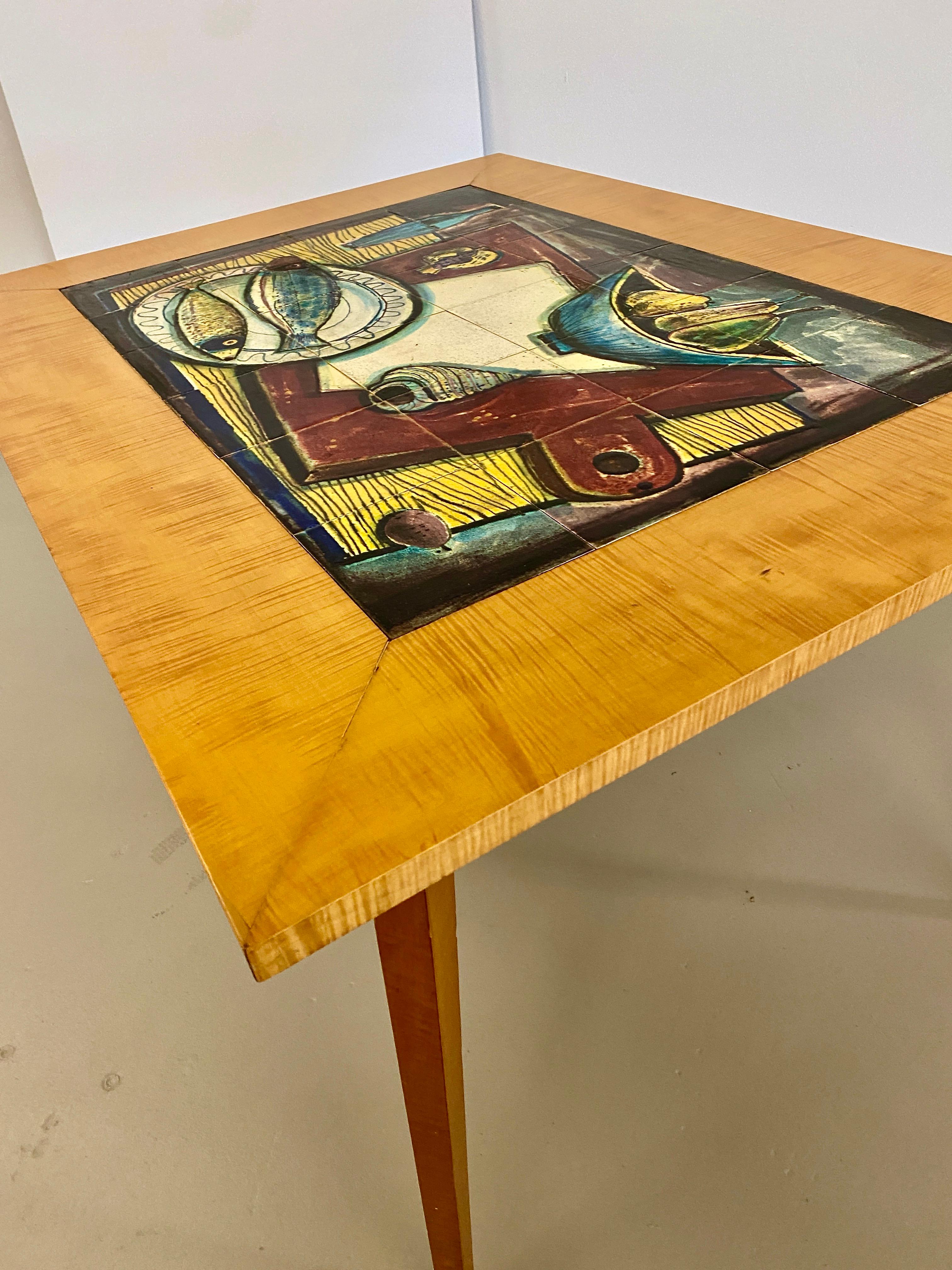 French Tile Top Maple Dining Table, France, circa 1950s For Sale