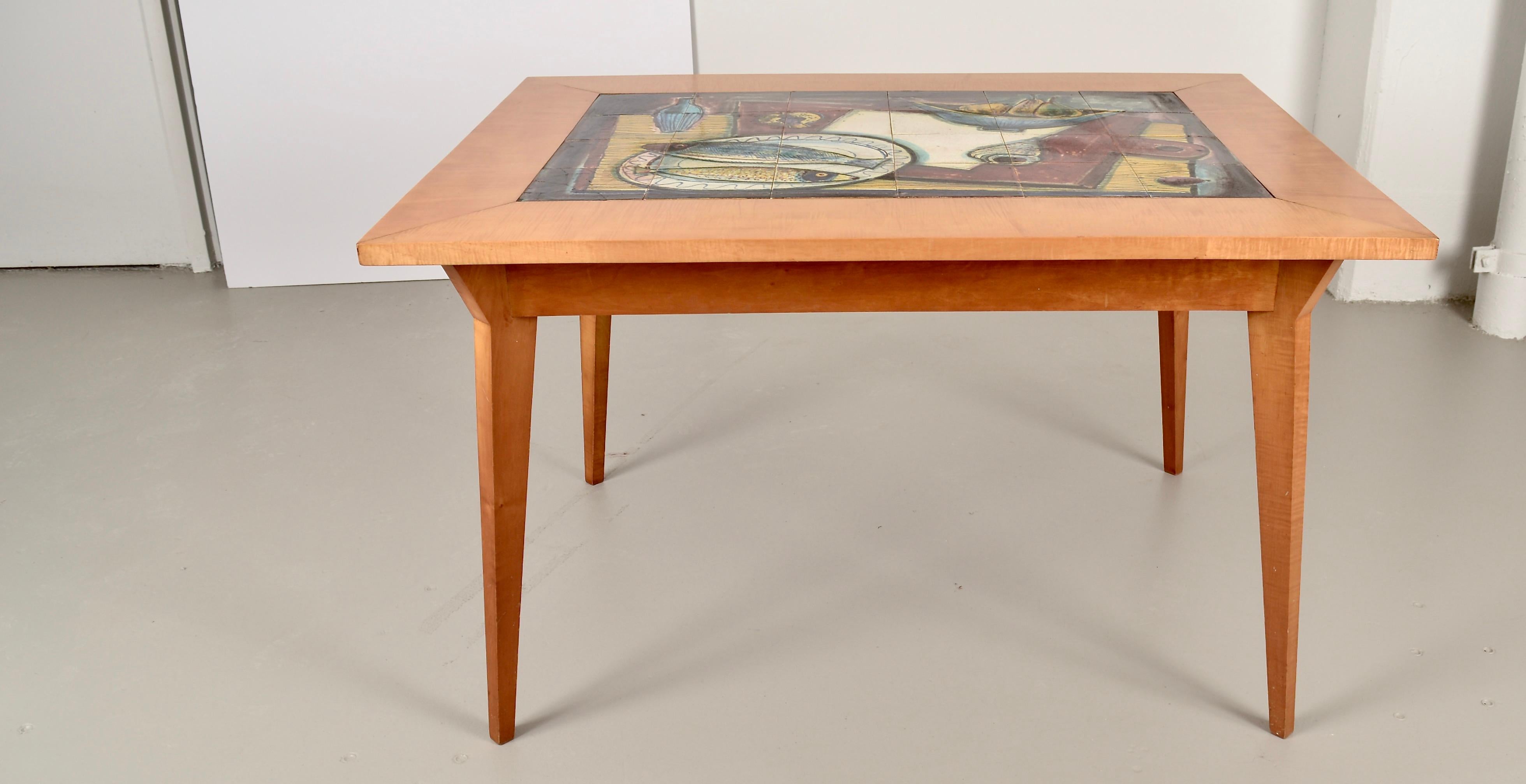 Tile Top Maple Dining Table, France, circa 1950s In Good Condition For Sale In Norwalk, CT