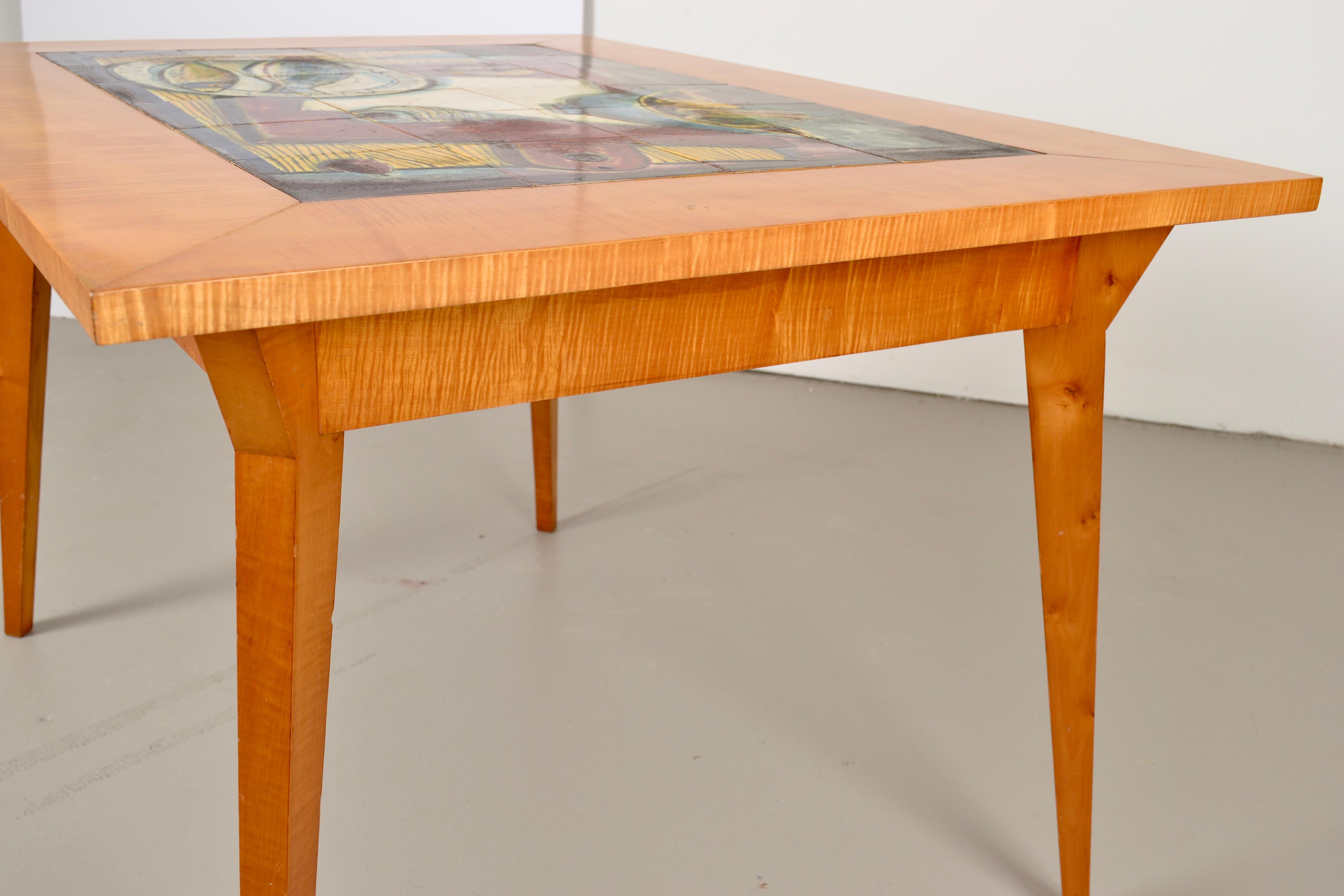Mid-20th Century Tile Top Maple Dining Table, France, circa 1950s For Sale