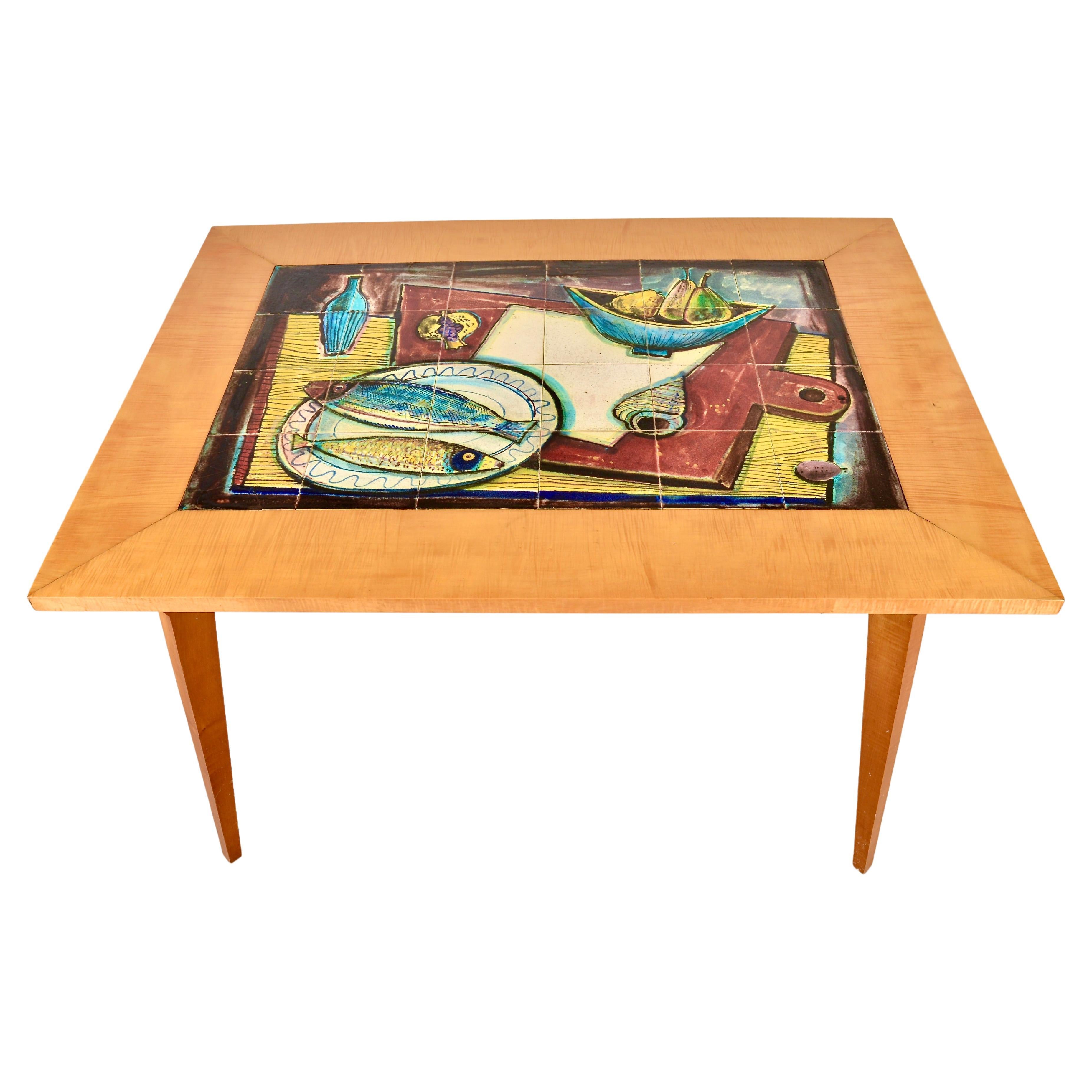 Tile Top Maple Dining Table, France, circa 1950s