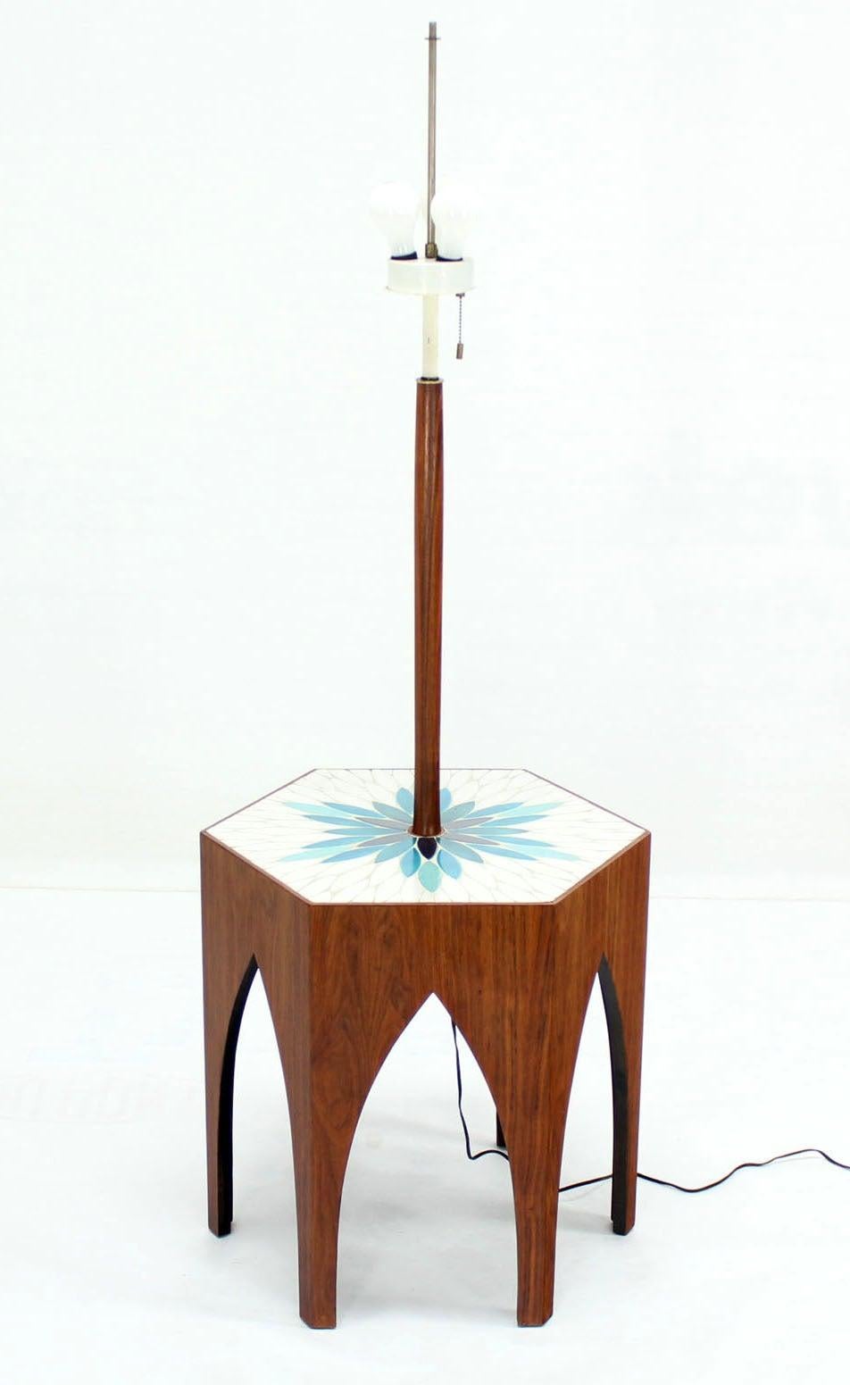 20th Century Tile Top Oiled Walnut Base Floor Lamp Integrated Side Table Harvey Probber MINT For Sale