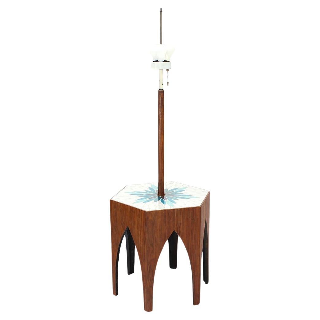 Tile Top Oiled Walnut Base Floor Lamp Integrated Side Table Harvey Probber MINT For Sale