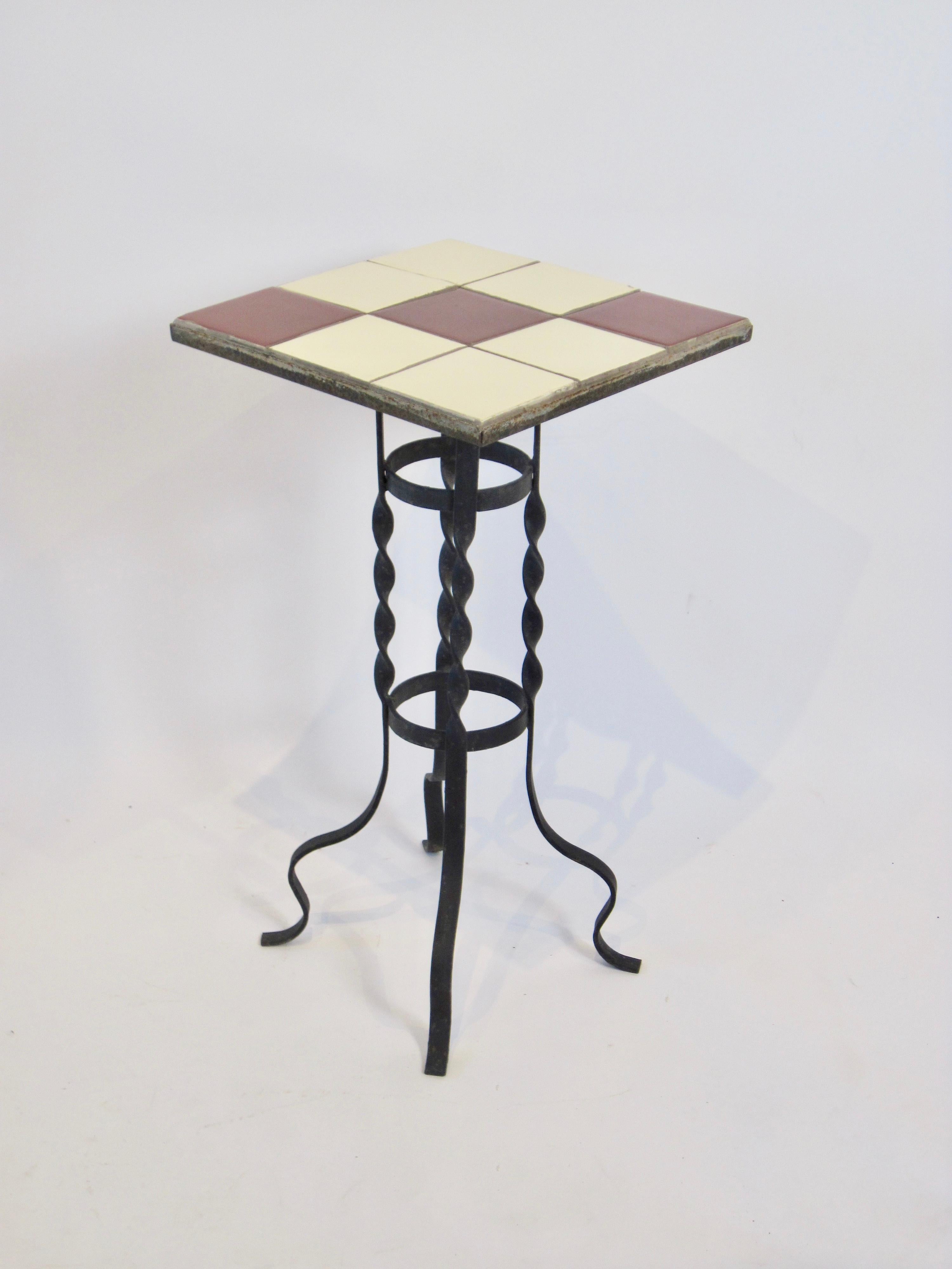 Mid-Century Modern Tile-Top Plant Stand Table with Twisted Wrought Iron Base