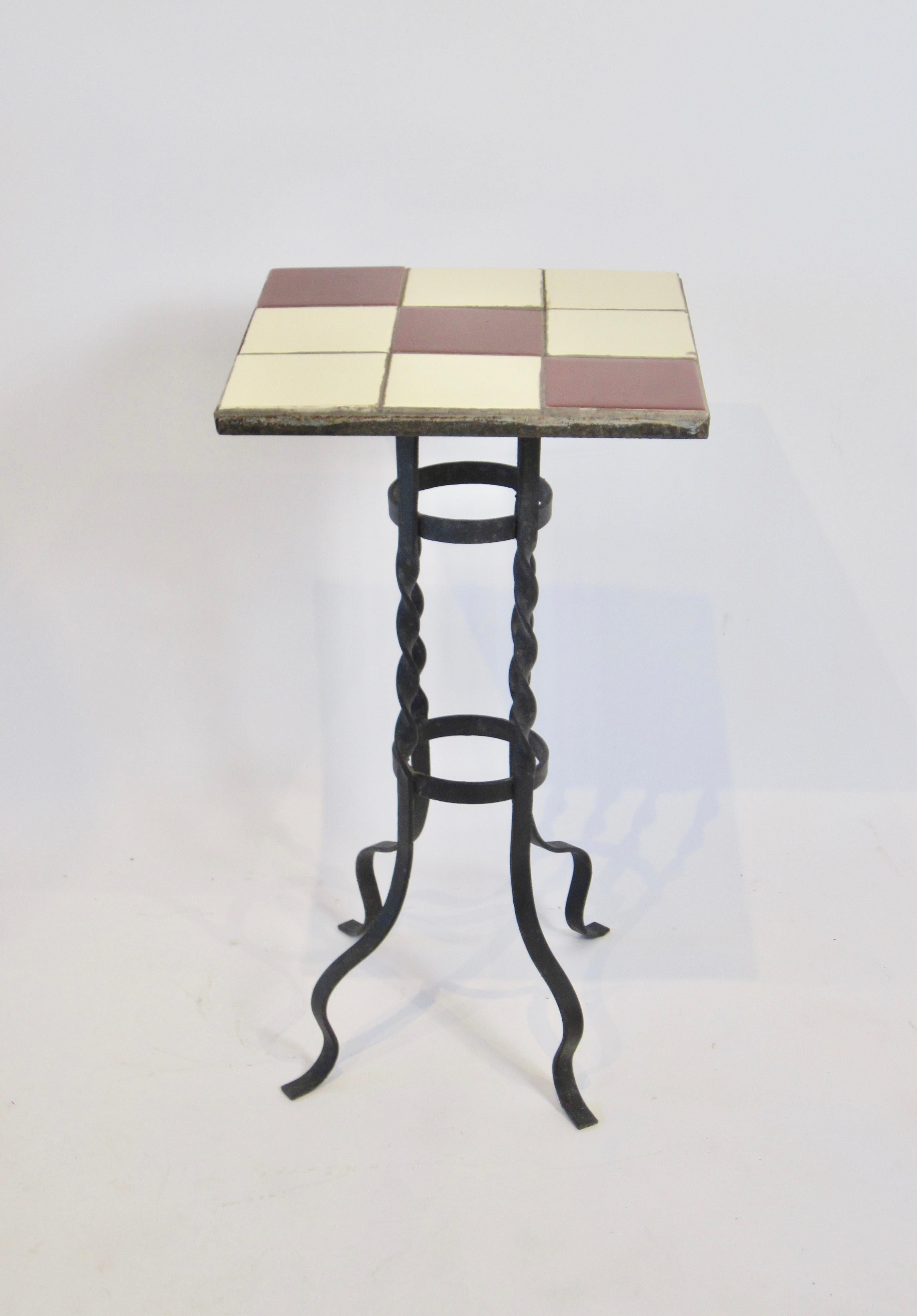 American Tile-Top Plant Stand Table with Twisted Wrought Iron Base