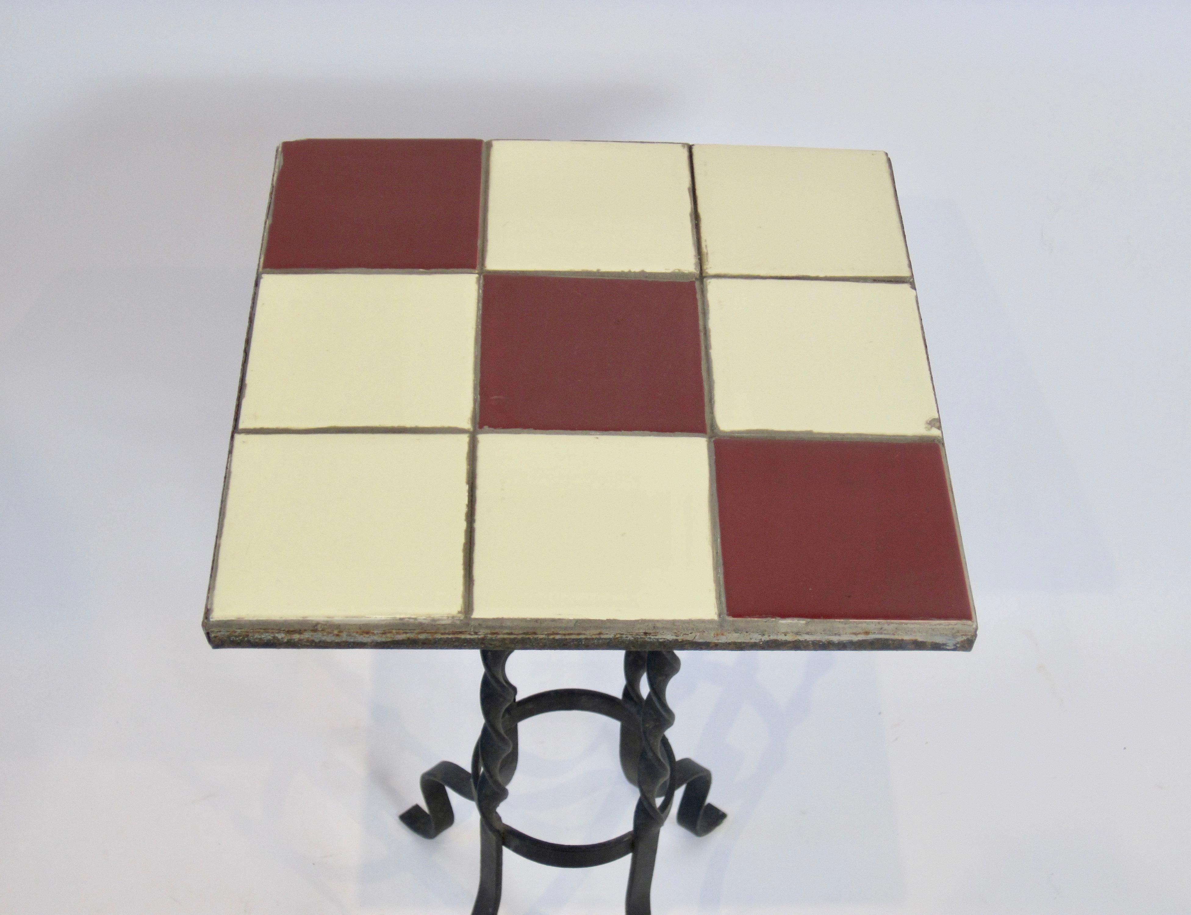 Tile-Top Plant Stand Table with Twisted Wrought Iron Base In Good Condition In Ferndale, MI