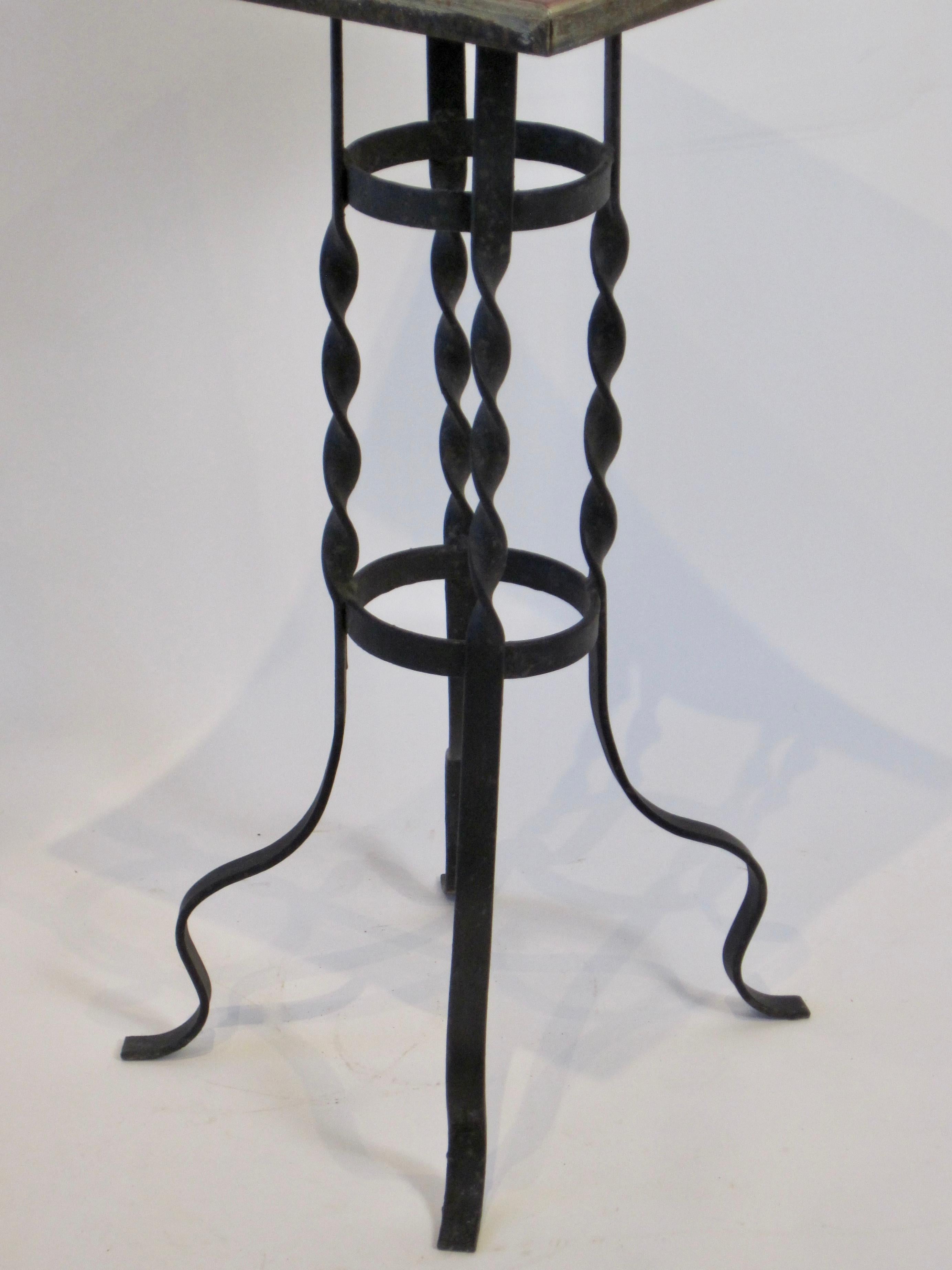 20th Century Tile-Top Plant Stand Table with Twisted Wrought Iron Base