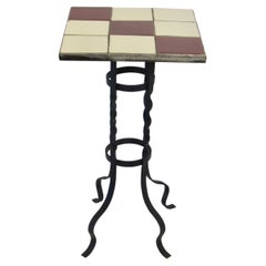 Tile-Top Plant Stand Table with Twisted Wrought Iron Base