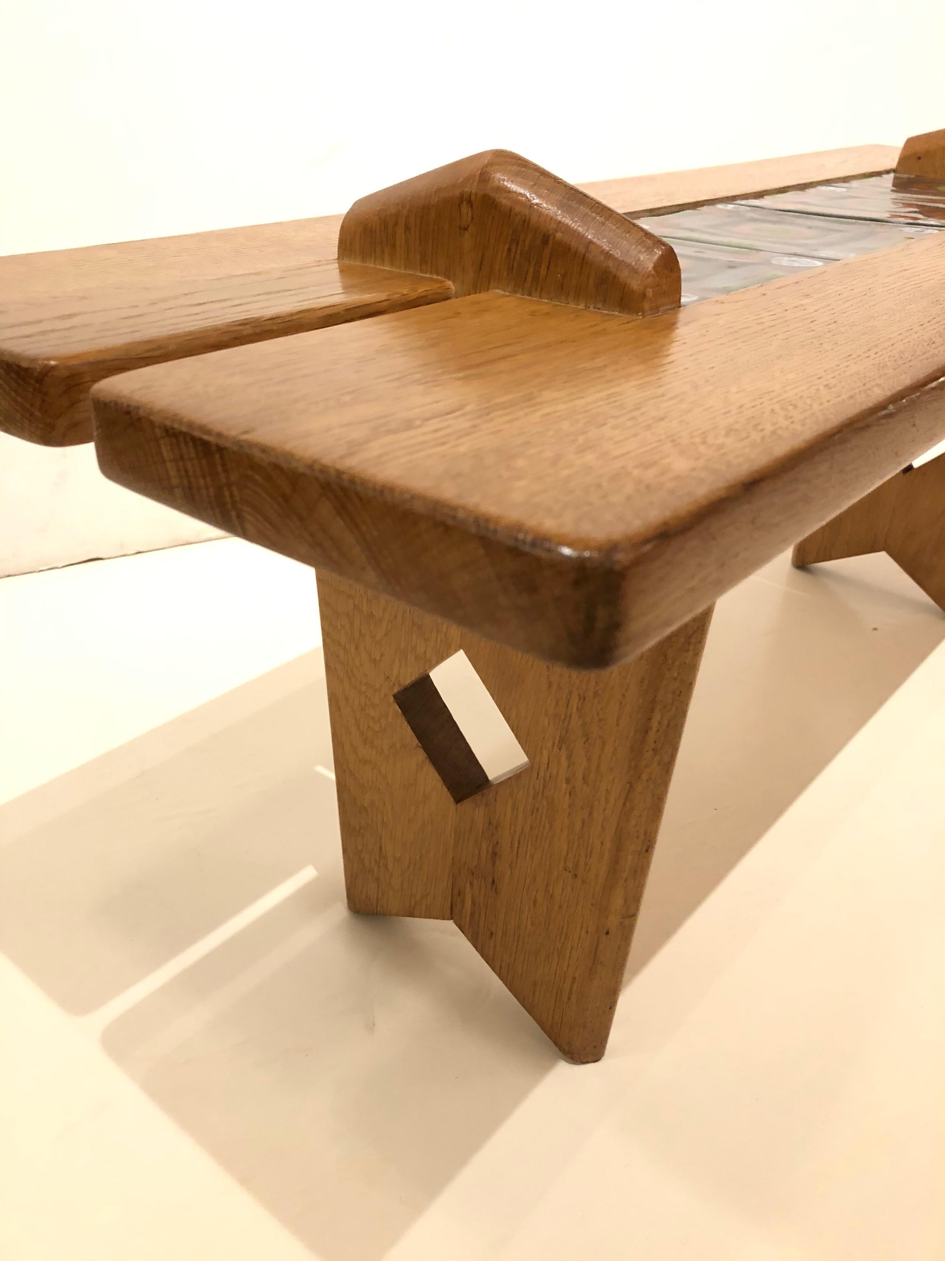 Tile top table by Guillerme et Chambron. Oak table featuring 4 original ceramic tiles.