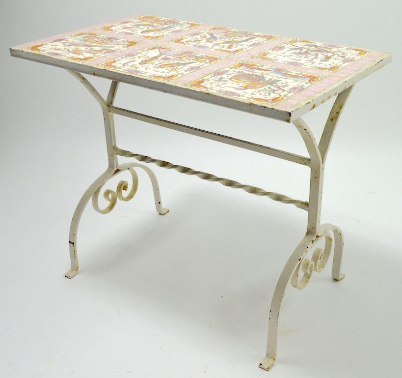 20th Century Tile Top Table Plant Stand with Wrought Iron Base