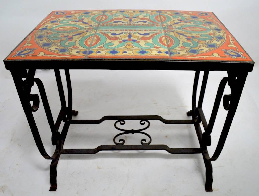 20th Century Tile Top Wrought Iron Base Table Attributed to Catalina Pottery