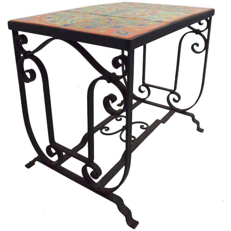 Tile Top Wrought Iron Base Table Attributed to Catalina Pottery