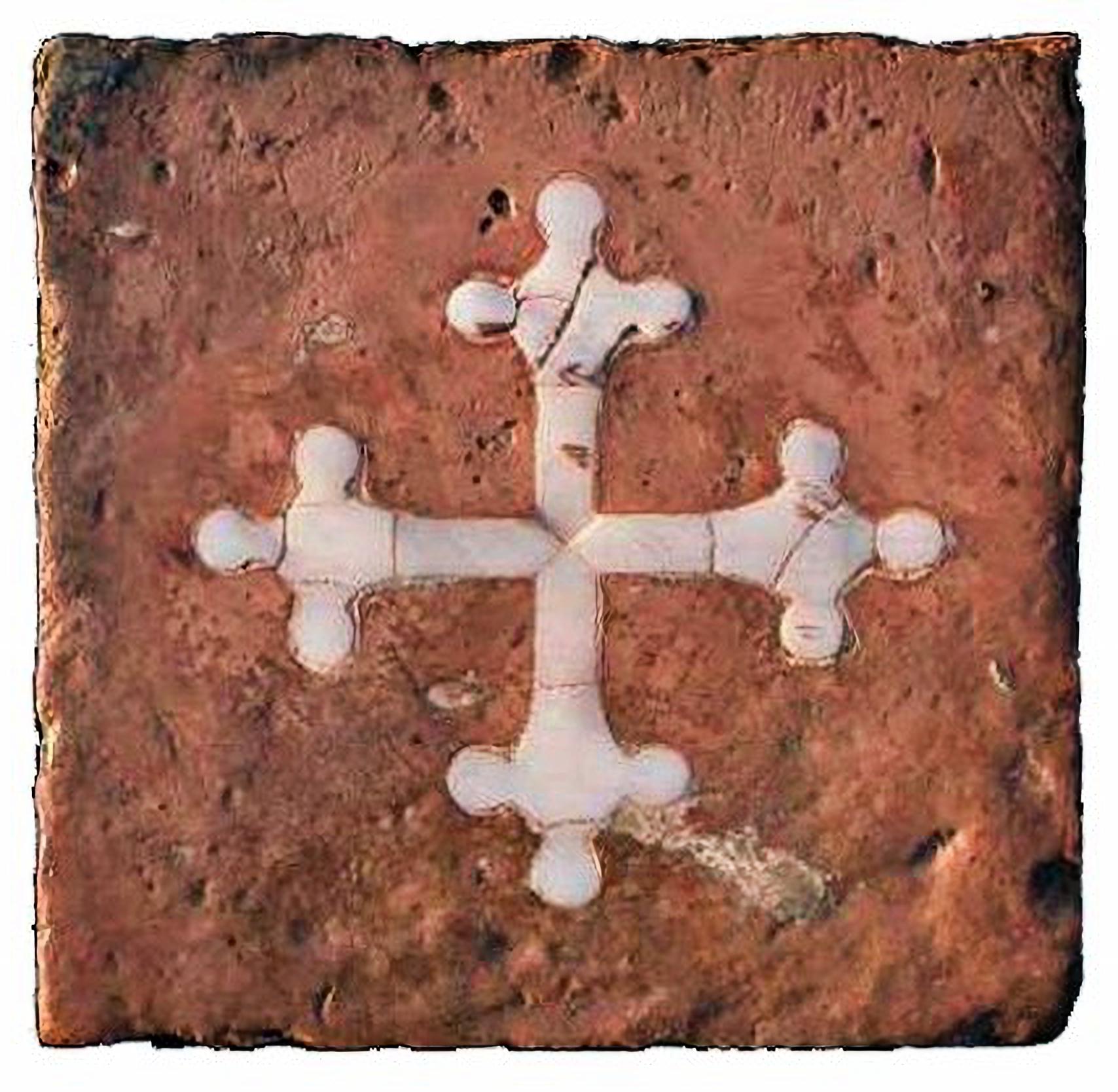 Italian Tile with Pisana Cross Terracotta and Carrara Marble 19th Century For Sale