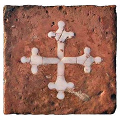 Antique Tile with Pisana Cross Terracotta and Carrara Marble 19th Century