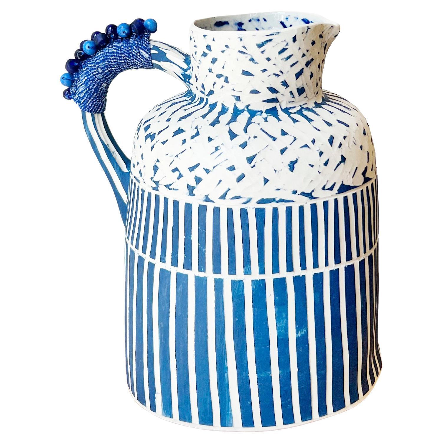 Tiled Handmade Whimsical Ceramic Jug in White and Blue Stripes w/ Beads For Sale