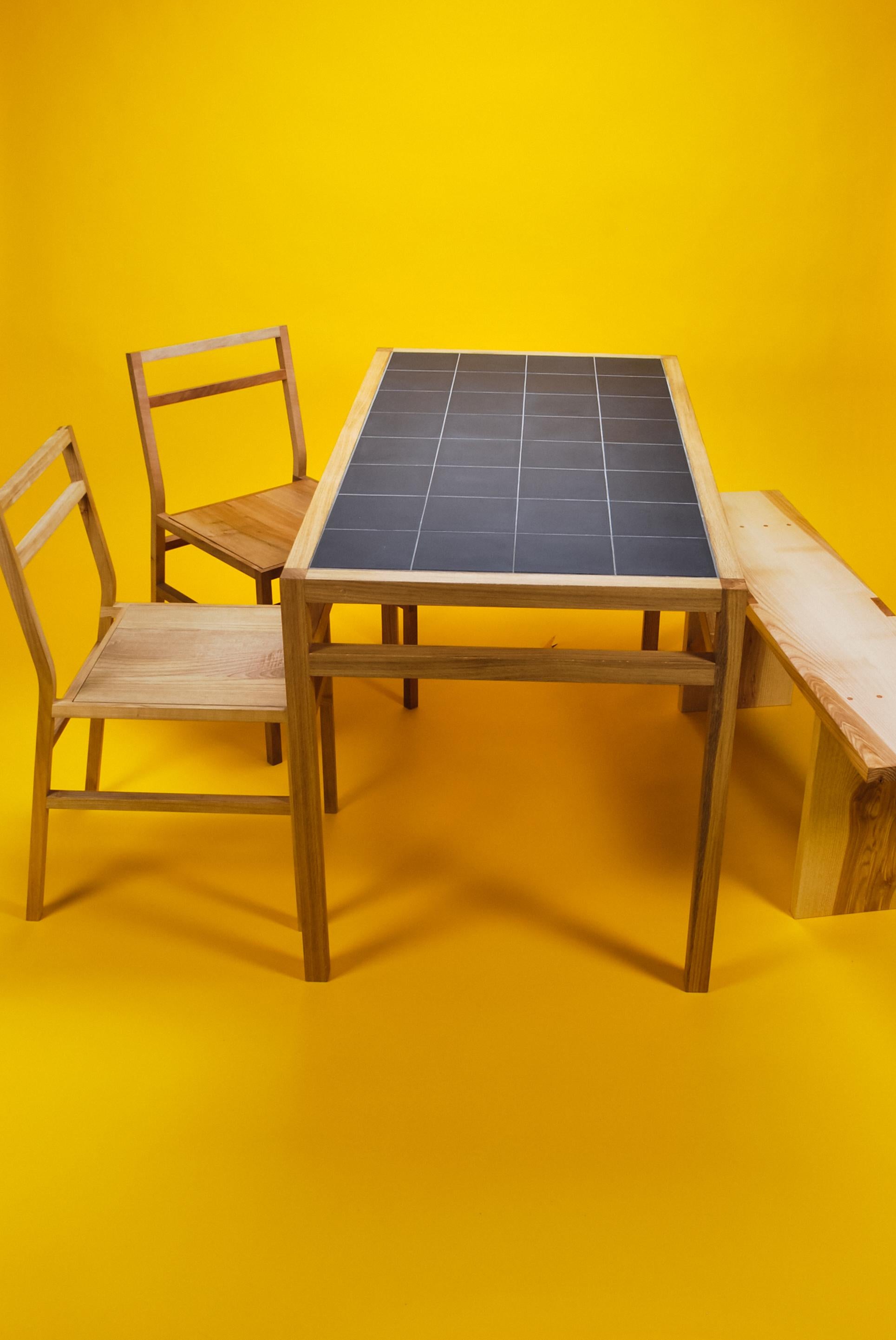 Dining Table in Solid Oak with French Black Porcelain Tiles, Handmade in the UK For Sale 5