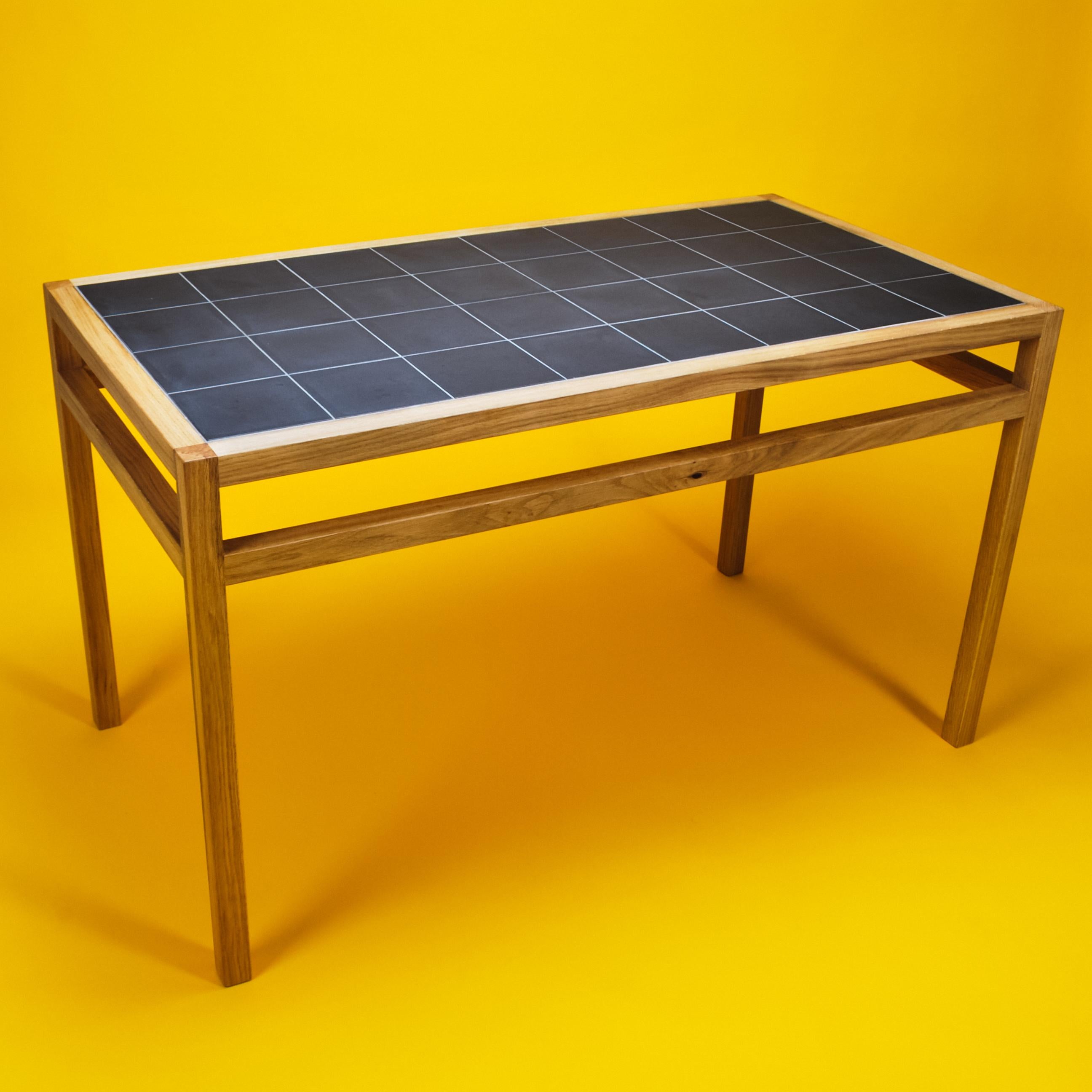 Dining Table in English Oak with French Black Porcelain Tiles Handmade