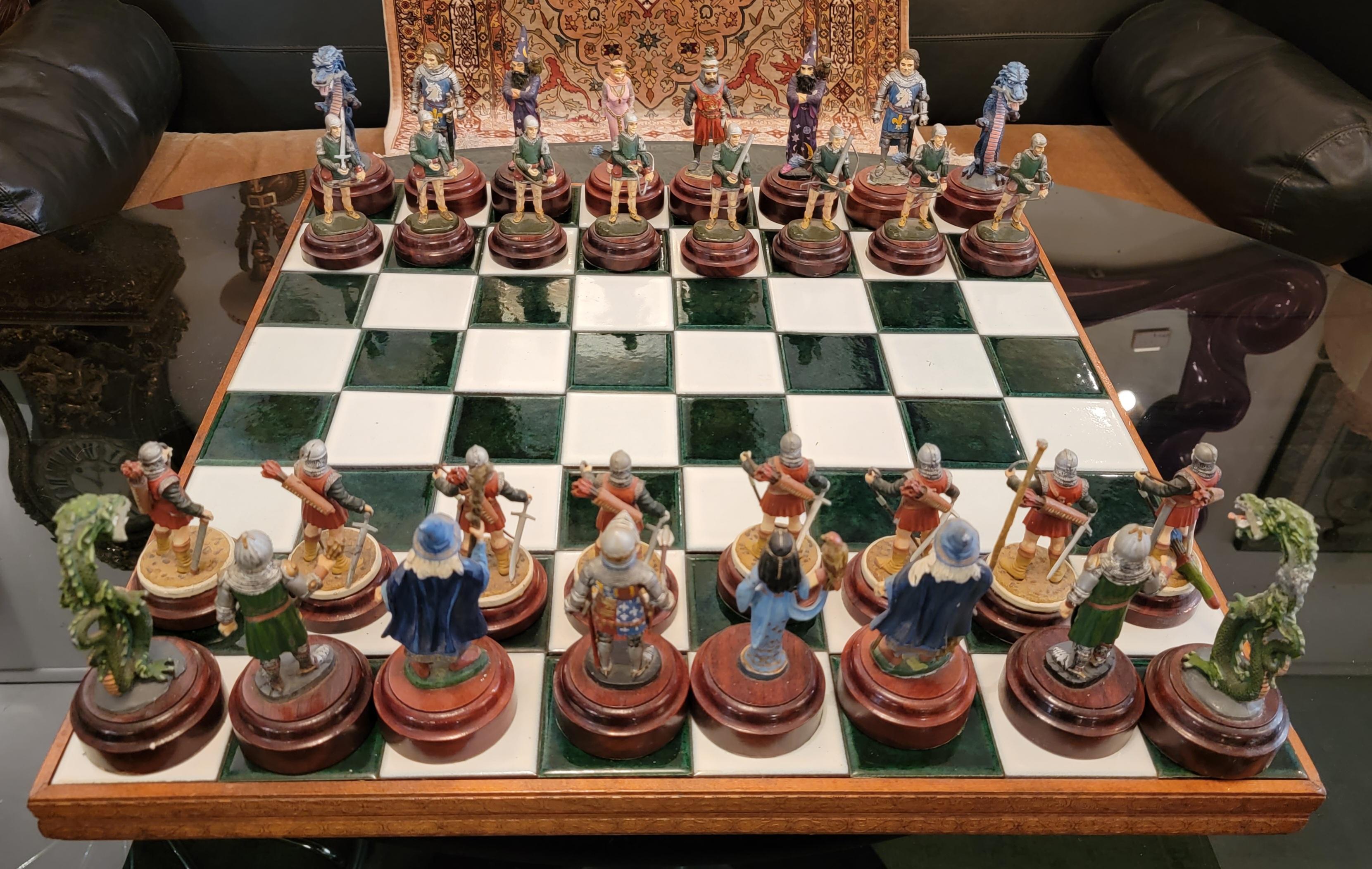 American Tiled Mid Century and Wood Chess Board With Chess Figurines For Sale